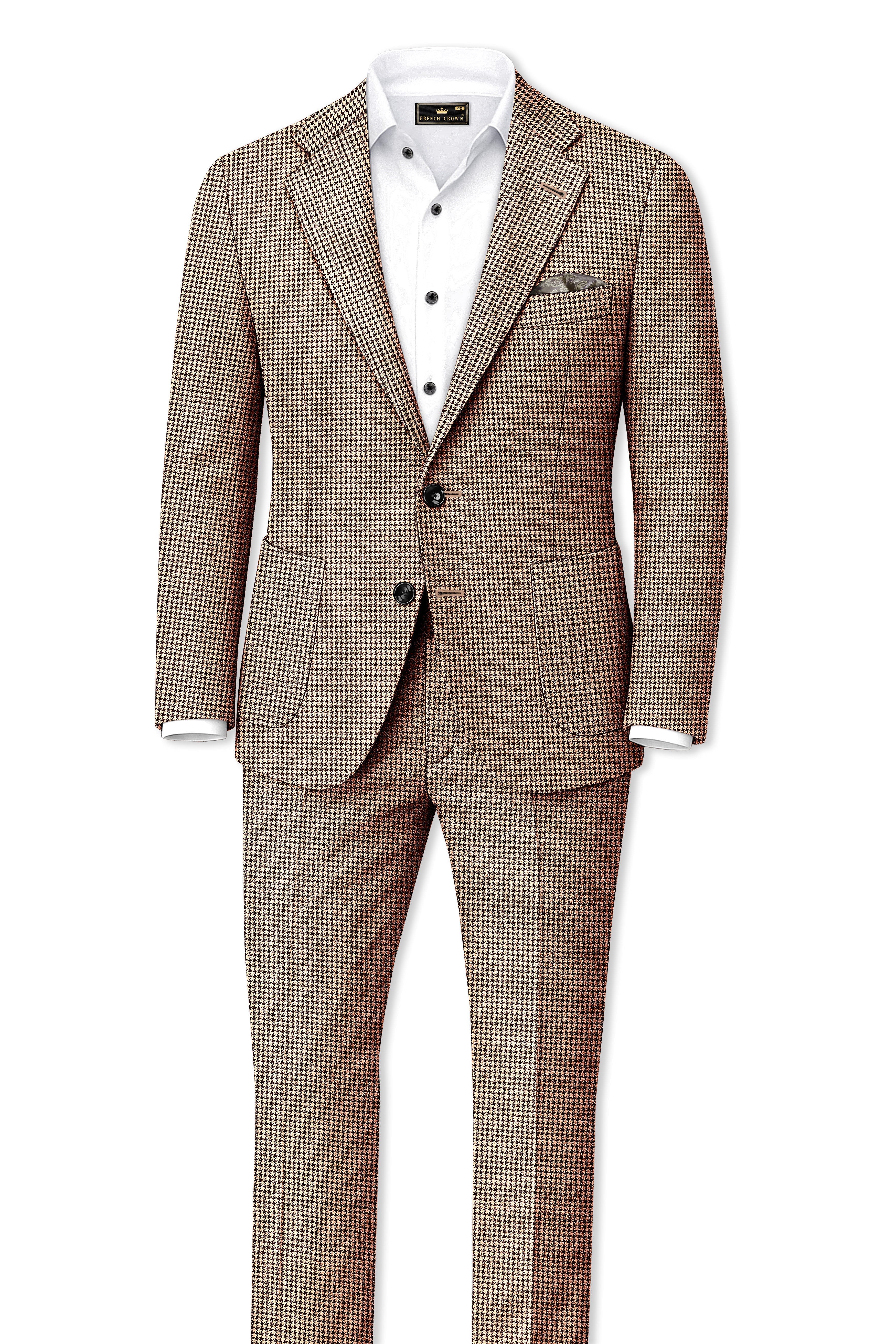 Scholar-Mocha Brown Classic Houndstooth Textured Tweed Single Breasted Sports Suit