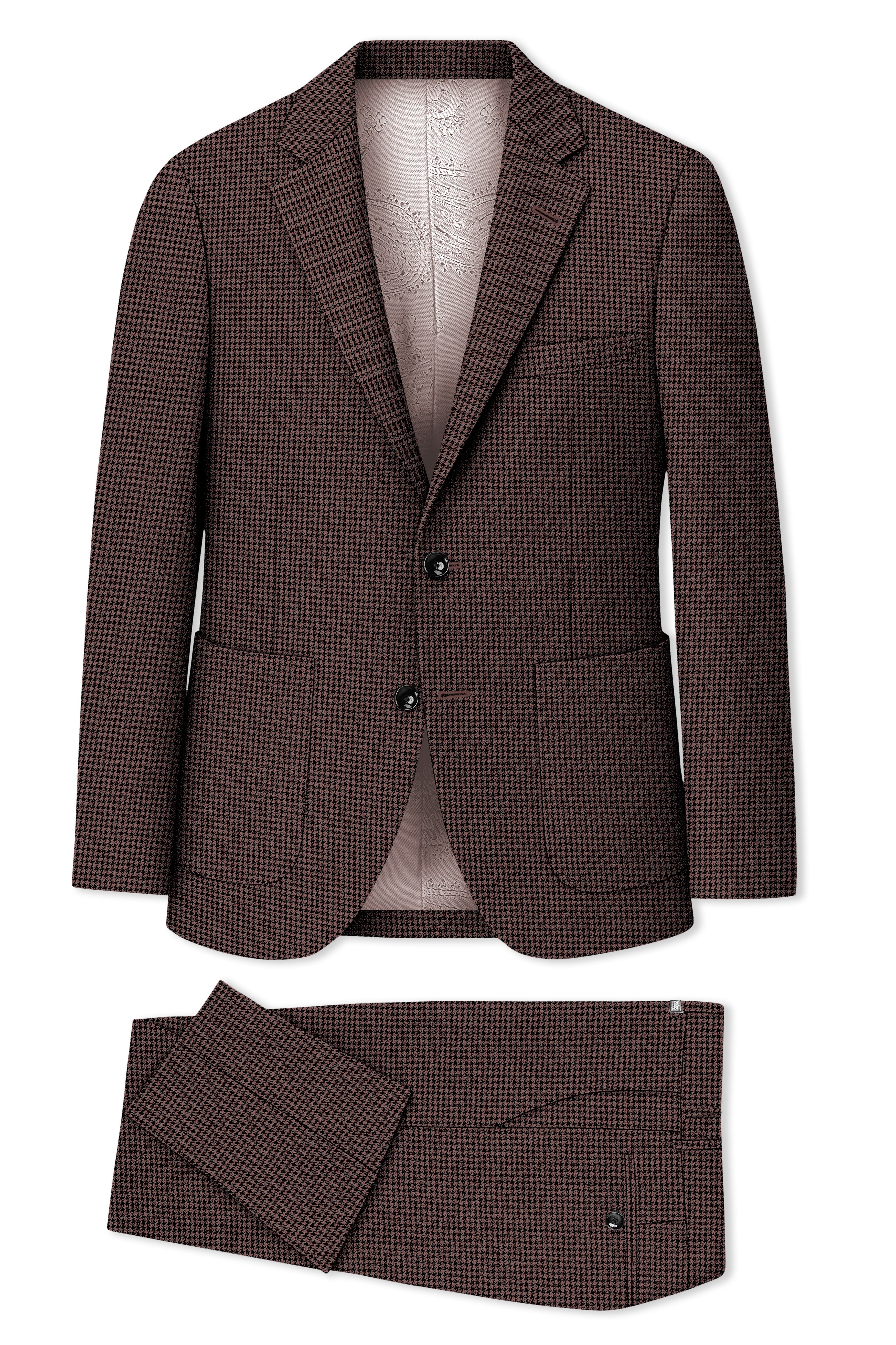 Sylvan-Woody Brown Classic Houndstooth Textured Tweed Single Breasted Sports Suit