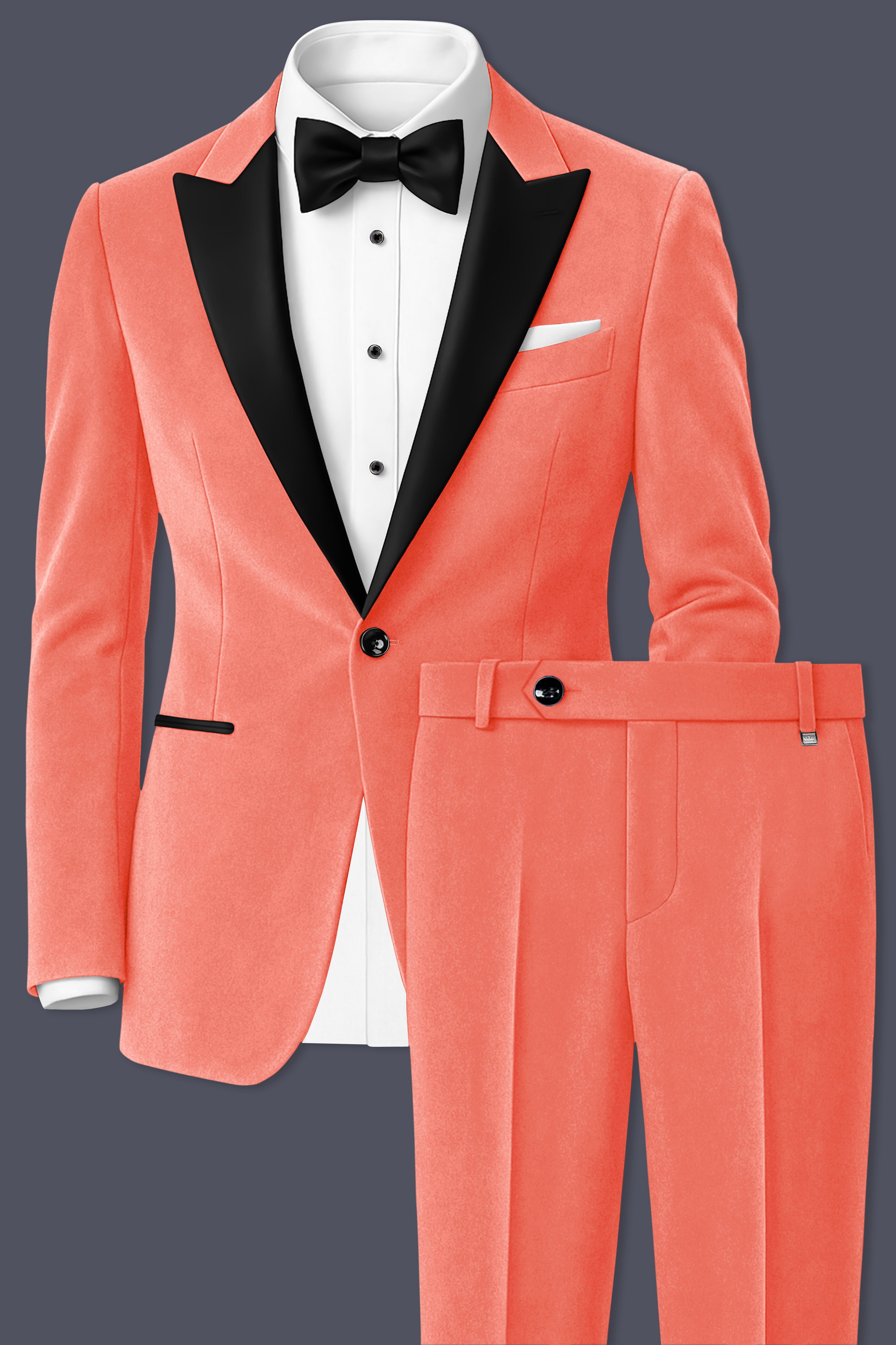 Saffron-Bittersweet Orange Velvet Peak Lapel Tuxedo Suit