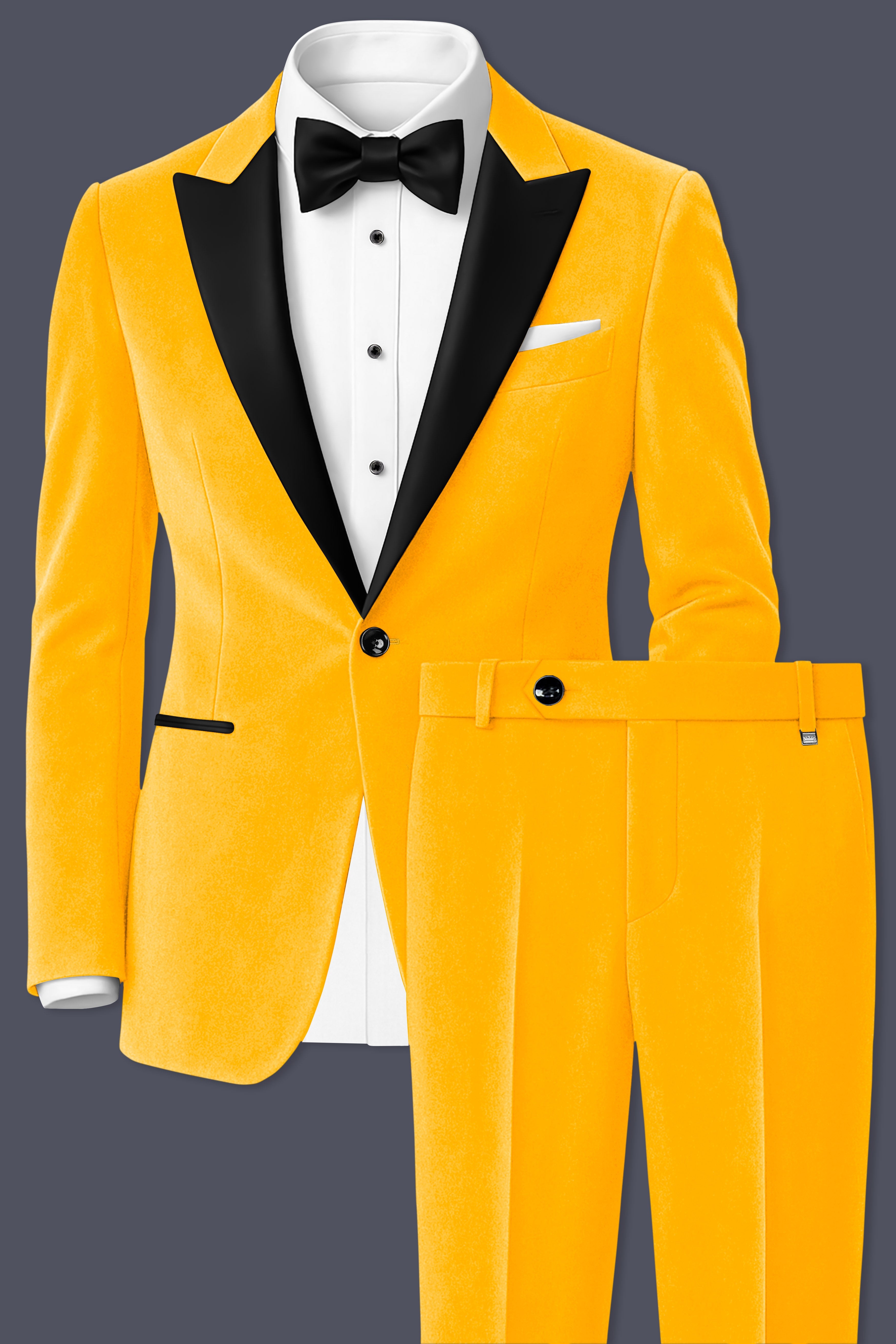 Marquis-Selective Yellow Velvet Peak Lapel Tuxedo Suit