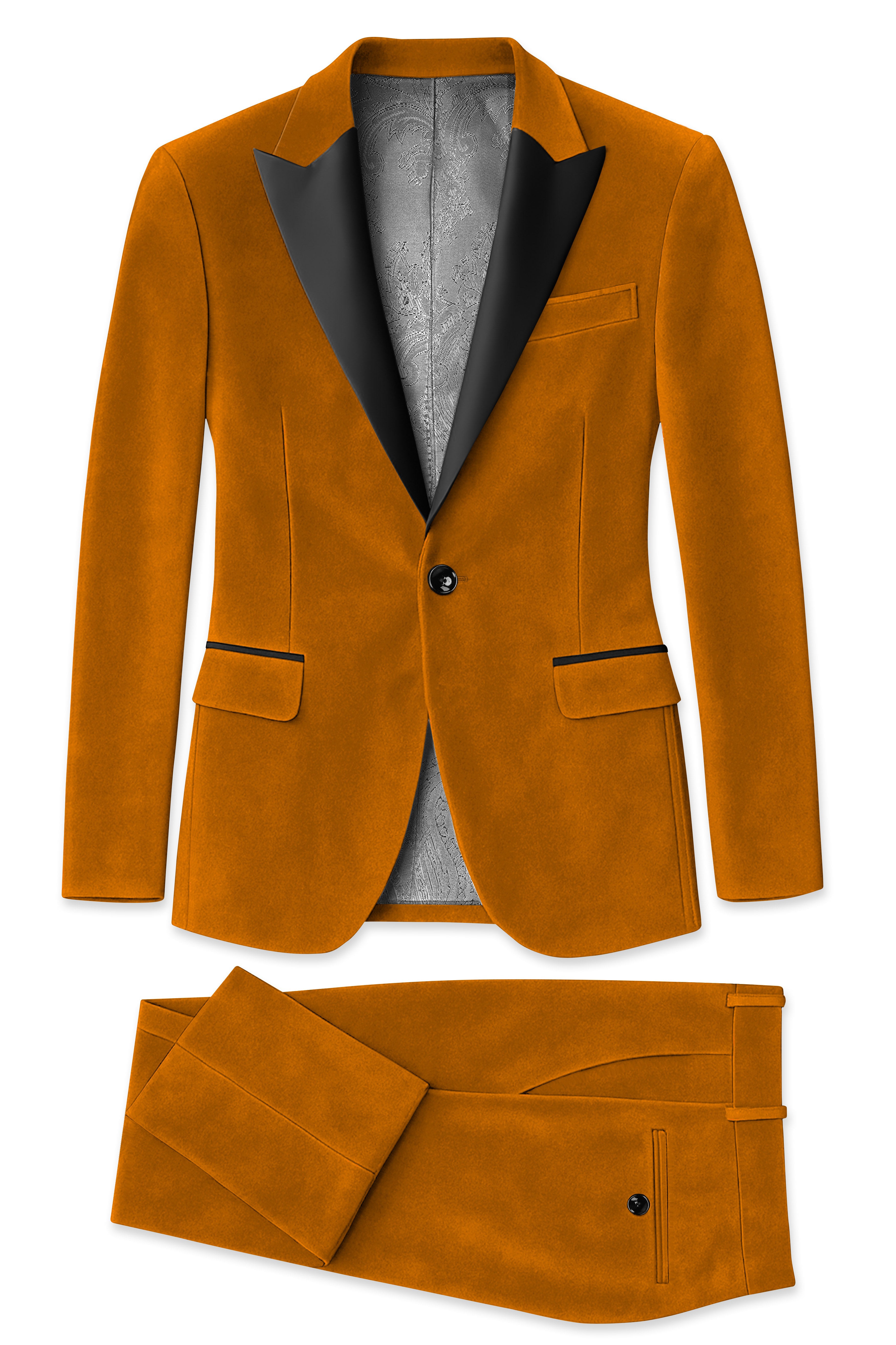 Volcan-Fiery Orange Velvet Peak Lapel Tuxedo Suit