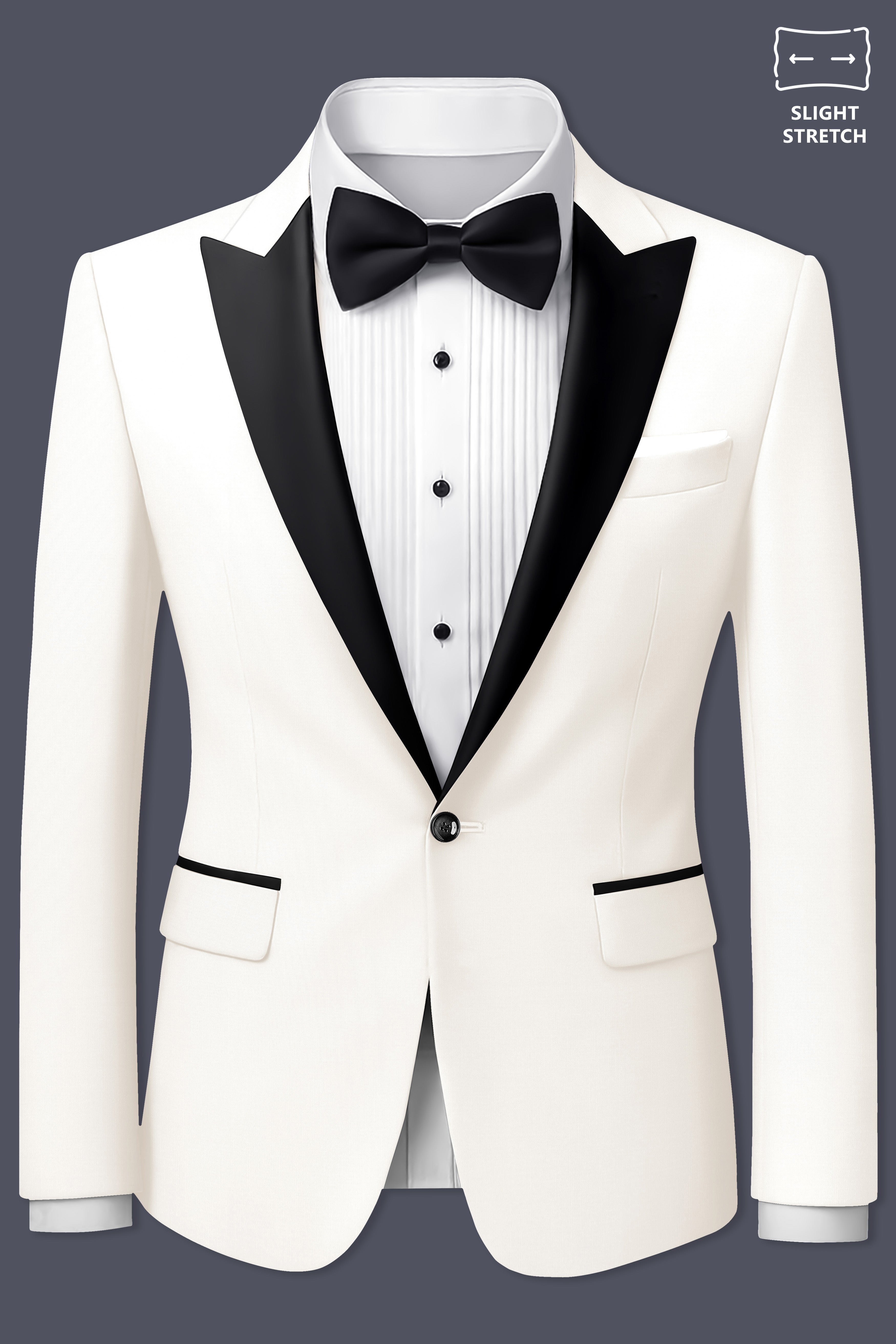 Ivory-Cararra Cream Wool Rich Peak Lapel Tuxedo Slight Stretch Suit
