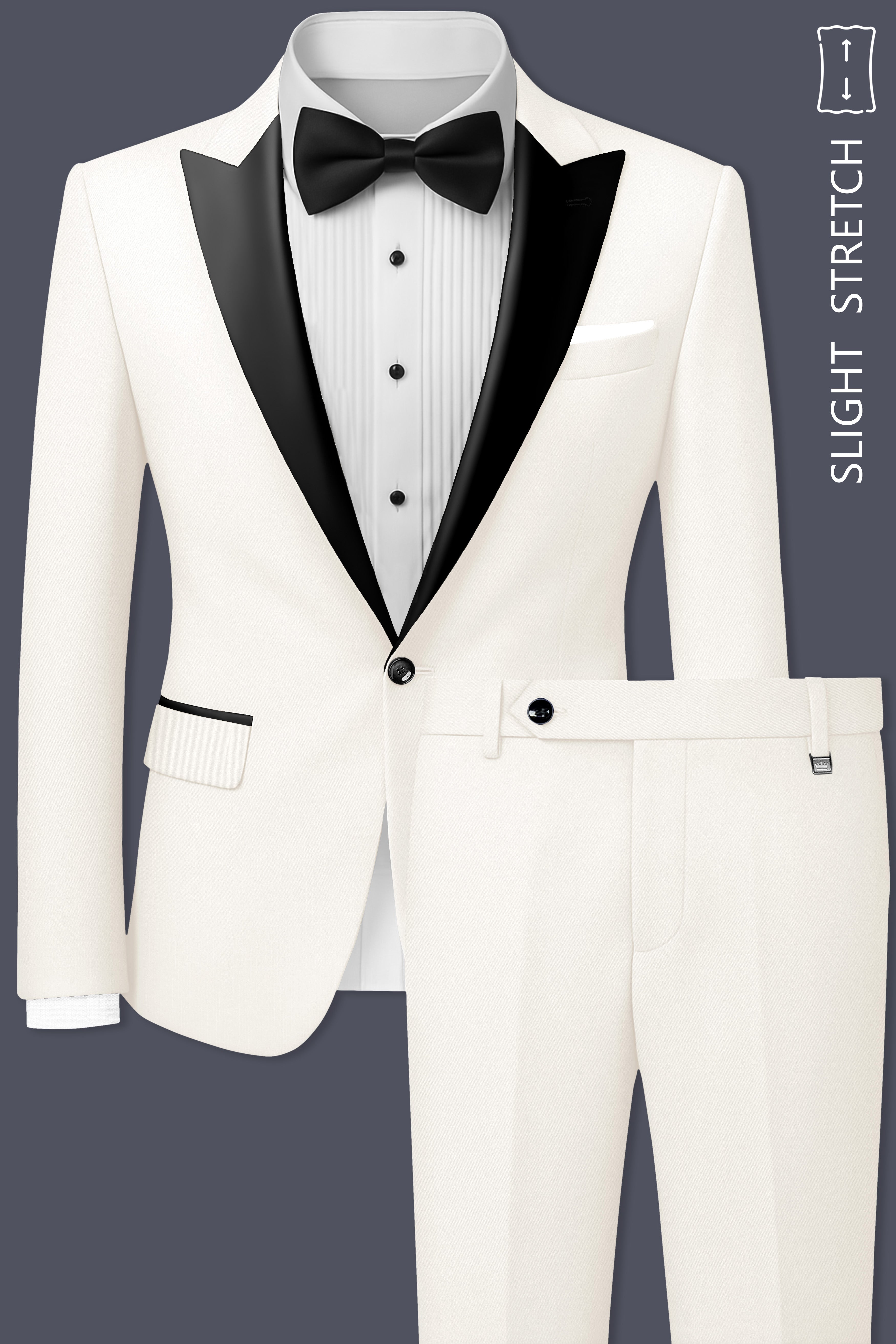 Ivory-Cararra Cream Wool Rich Peak Lapel Tuxedo Slight Stretch Suit