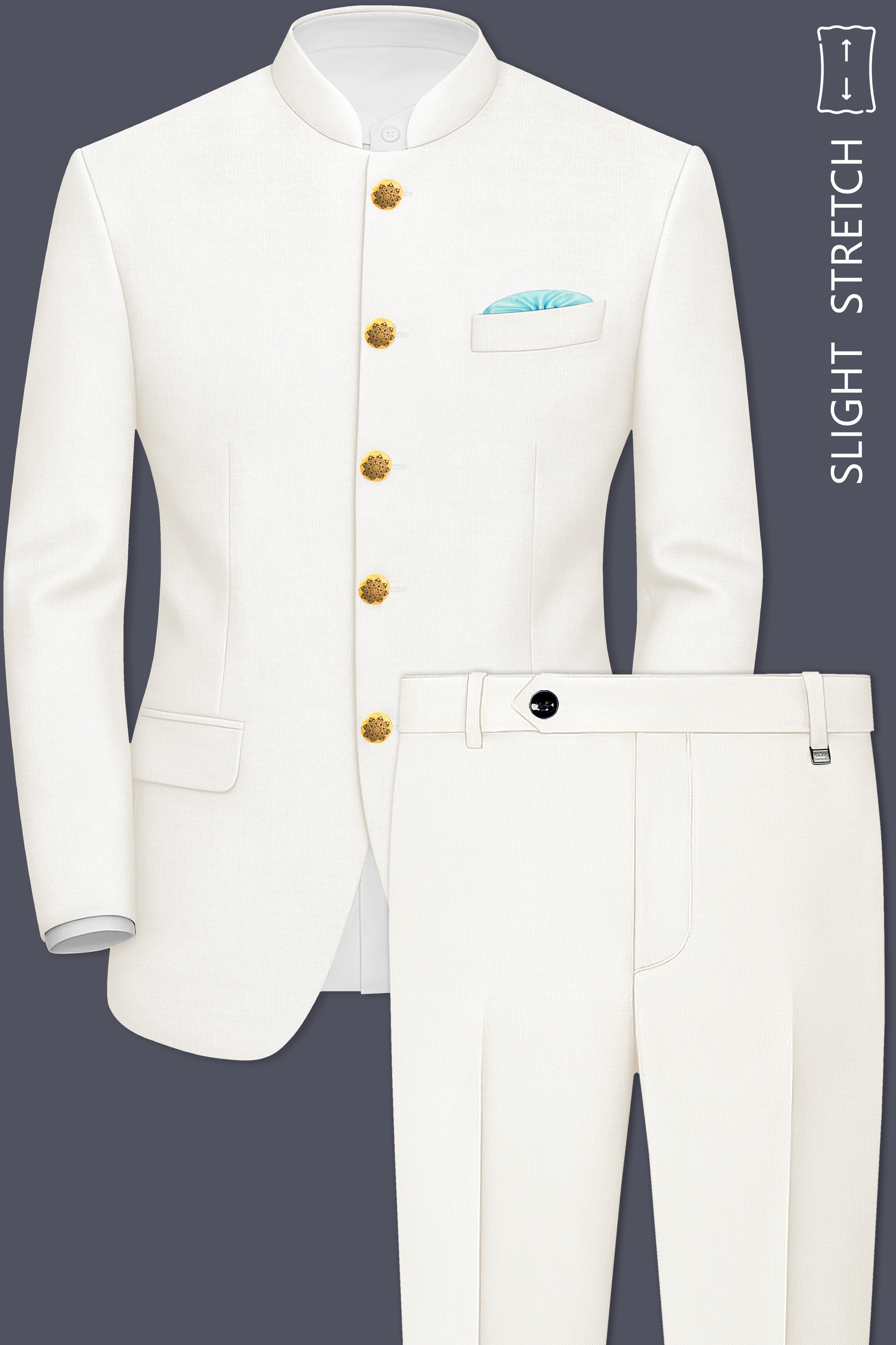 Ivory-Cararra Cream Wool Rich Bandhgala Slight Stretch Suit