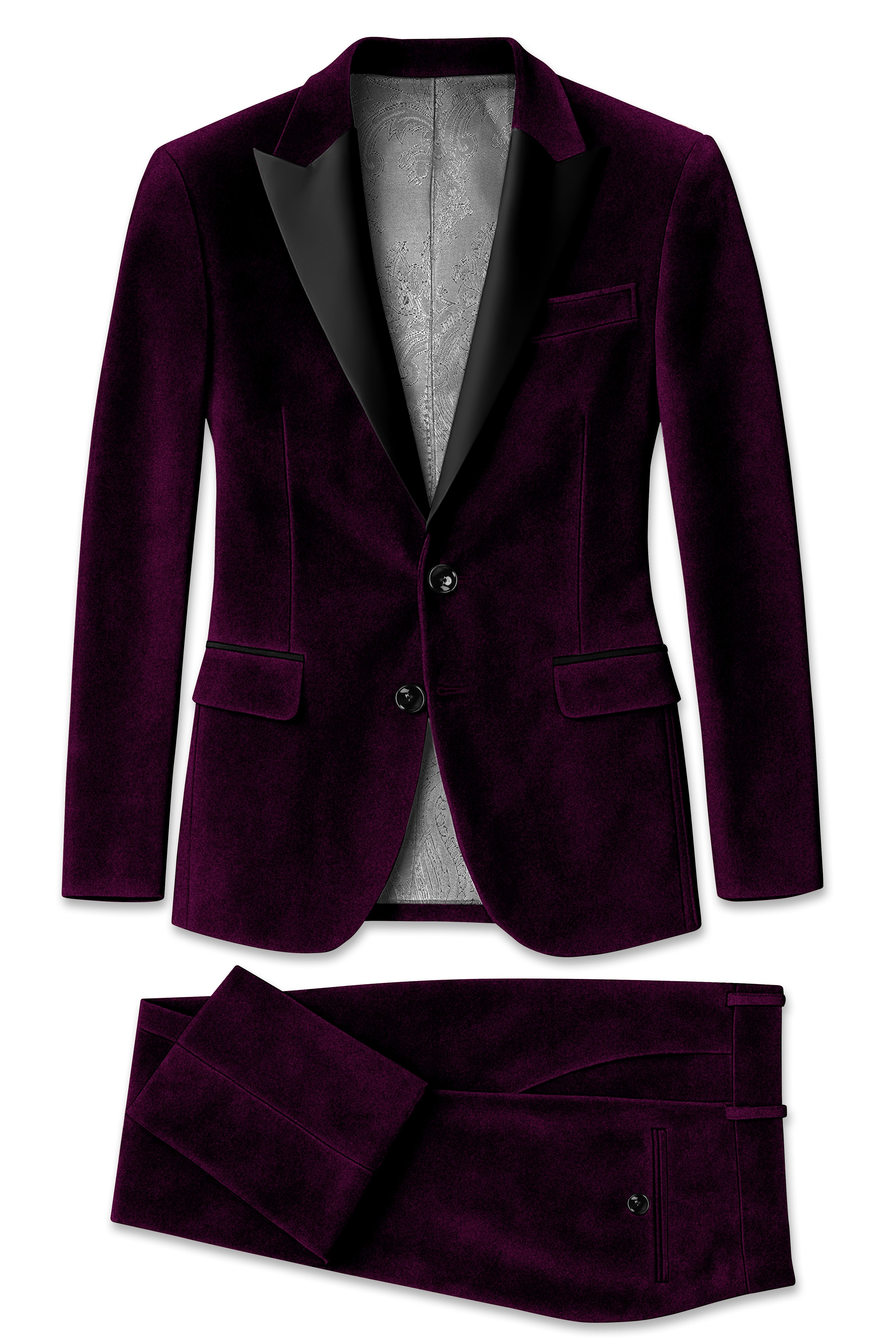 Merlot-Asphalt Wine Purple Velvet Peak Lapel Tuxedo Suit