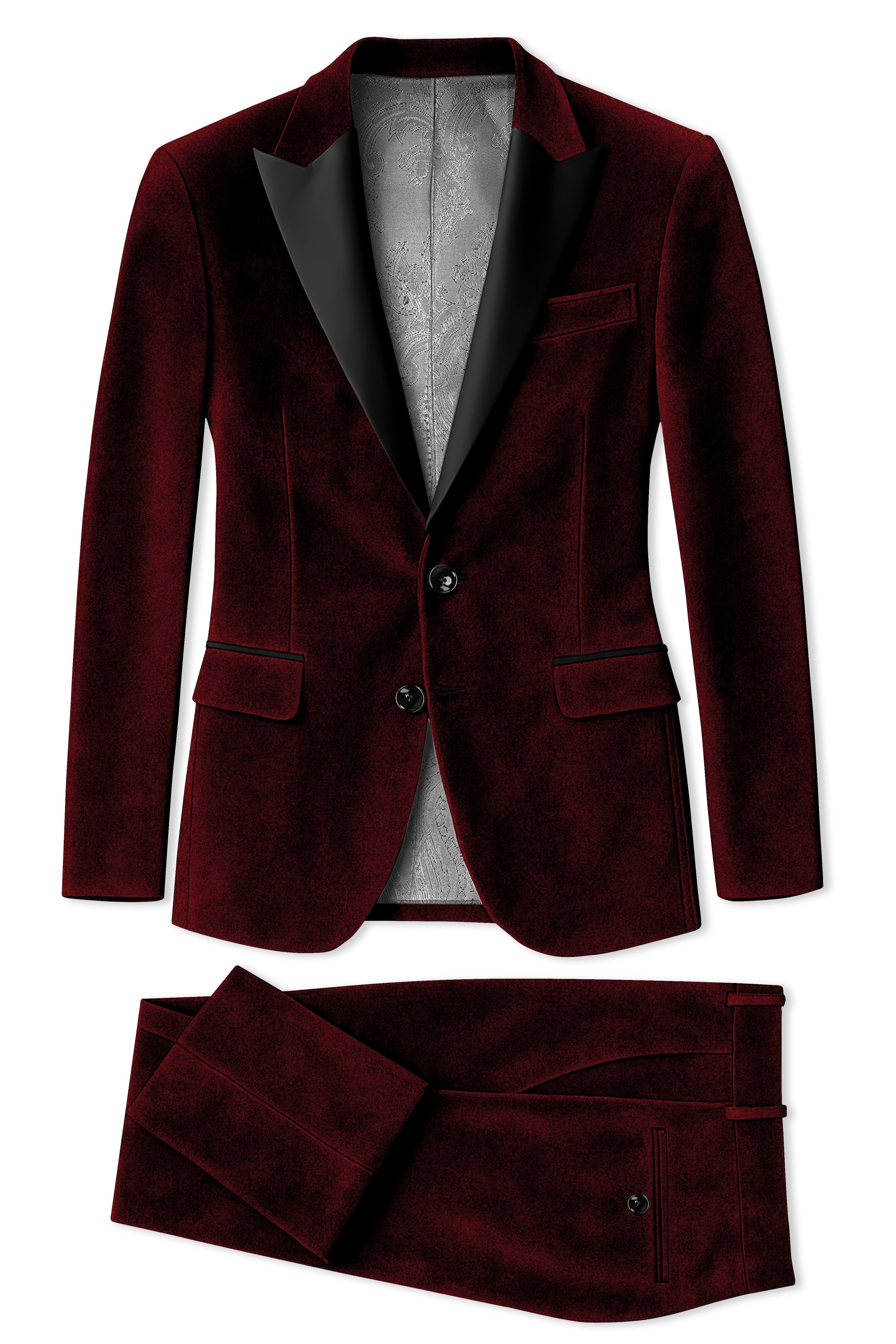 Crimson-Sepia Red Velvet Peak Lapel Tuxedo Suit