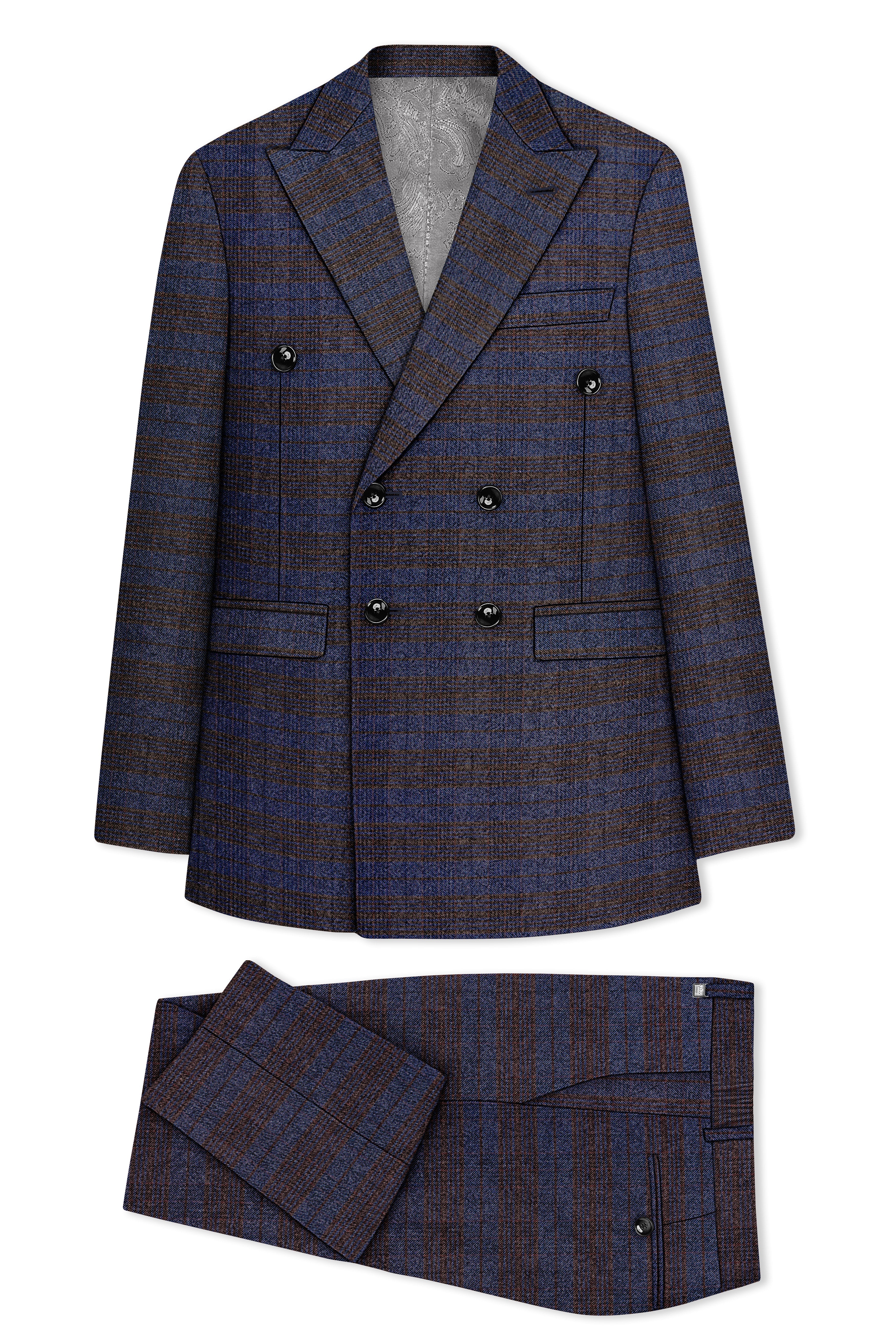 Velourish-Tealish Blue And Tuatara Gray Glen Plaid Tweed Double Breasted Suits
