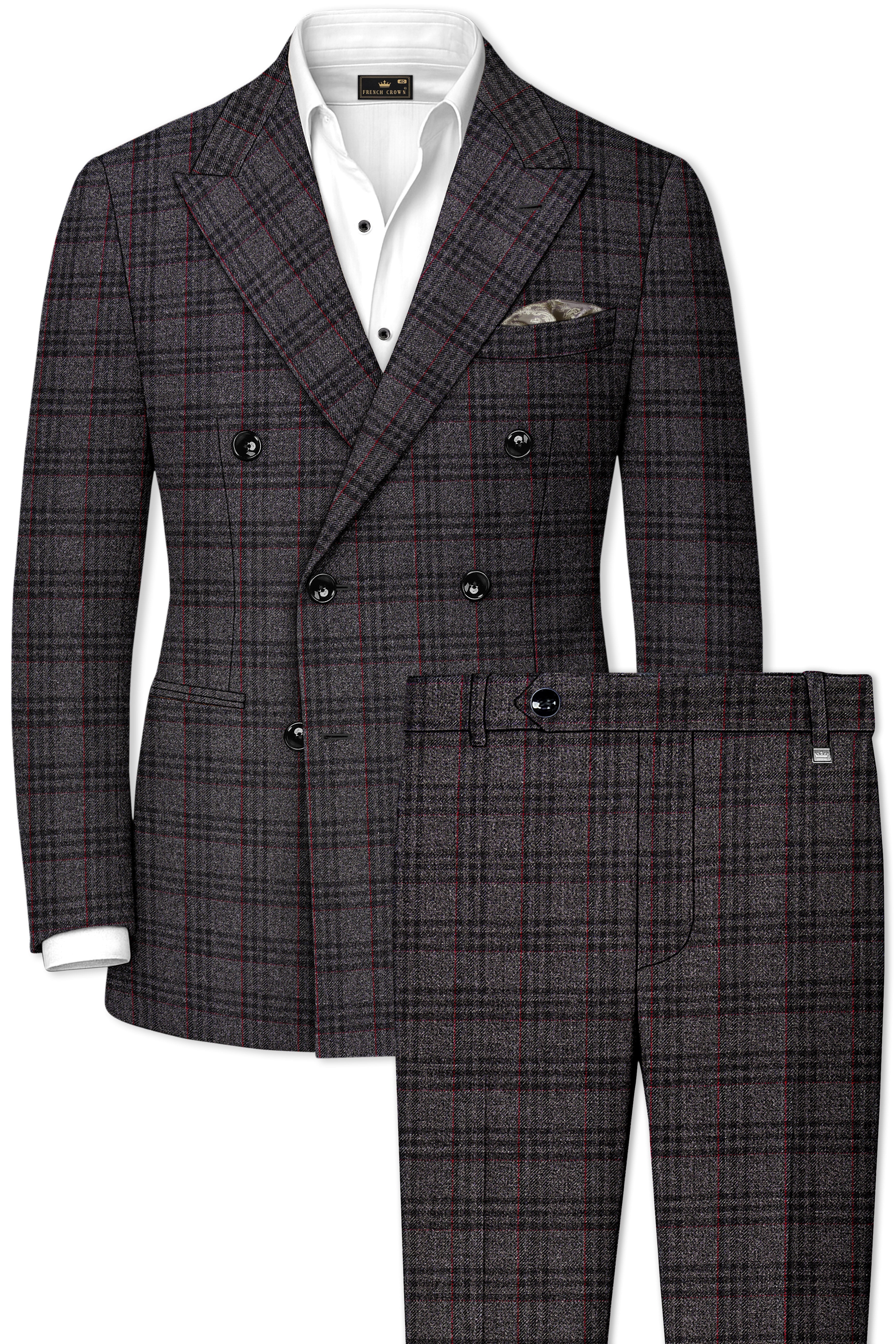 Velours-Ship Gray Plaid Tweed Double Breasted Suits