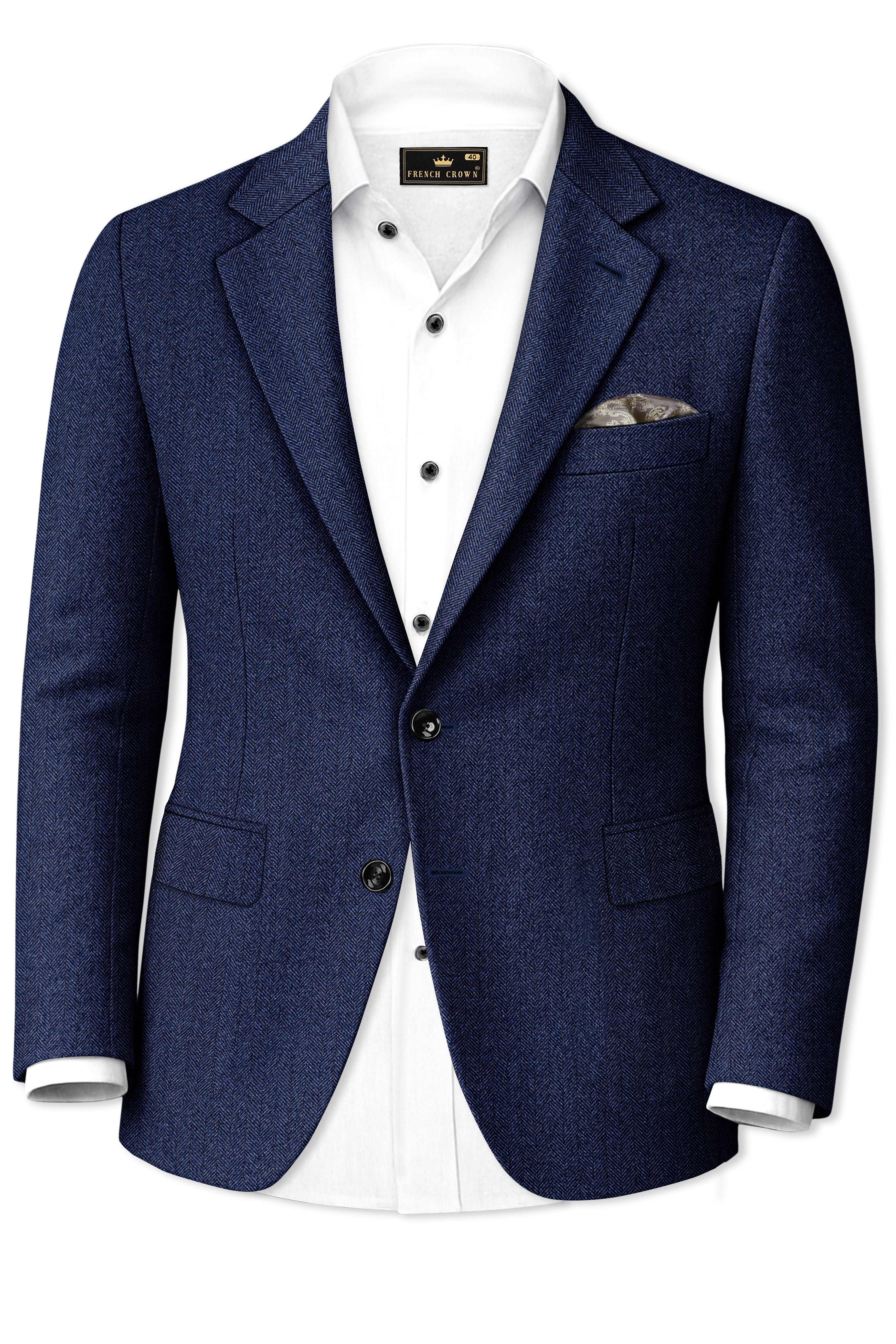 Aurevu-Vulcan Blue Herringbone Textured Tweed Single Breasted Suits