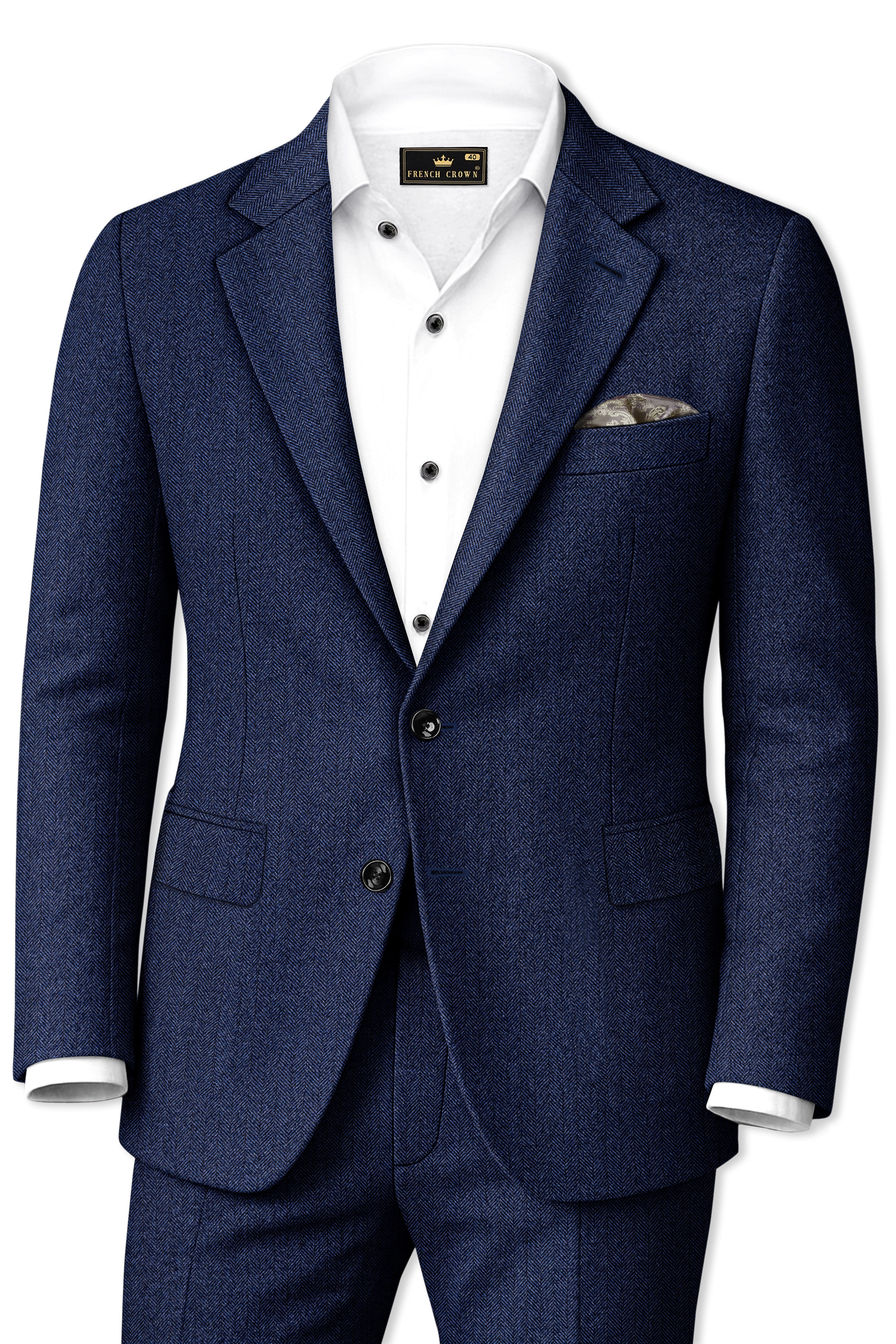 Aurevu-Vulcan Blue Herringbone Textured Tweed Single Breasted Suits