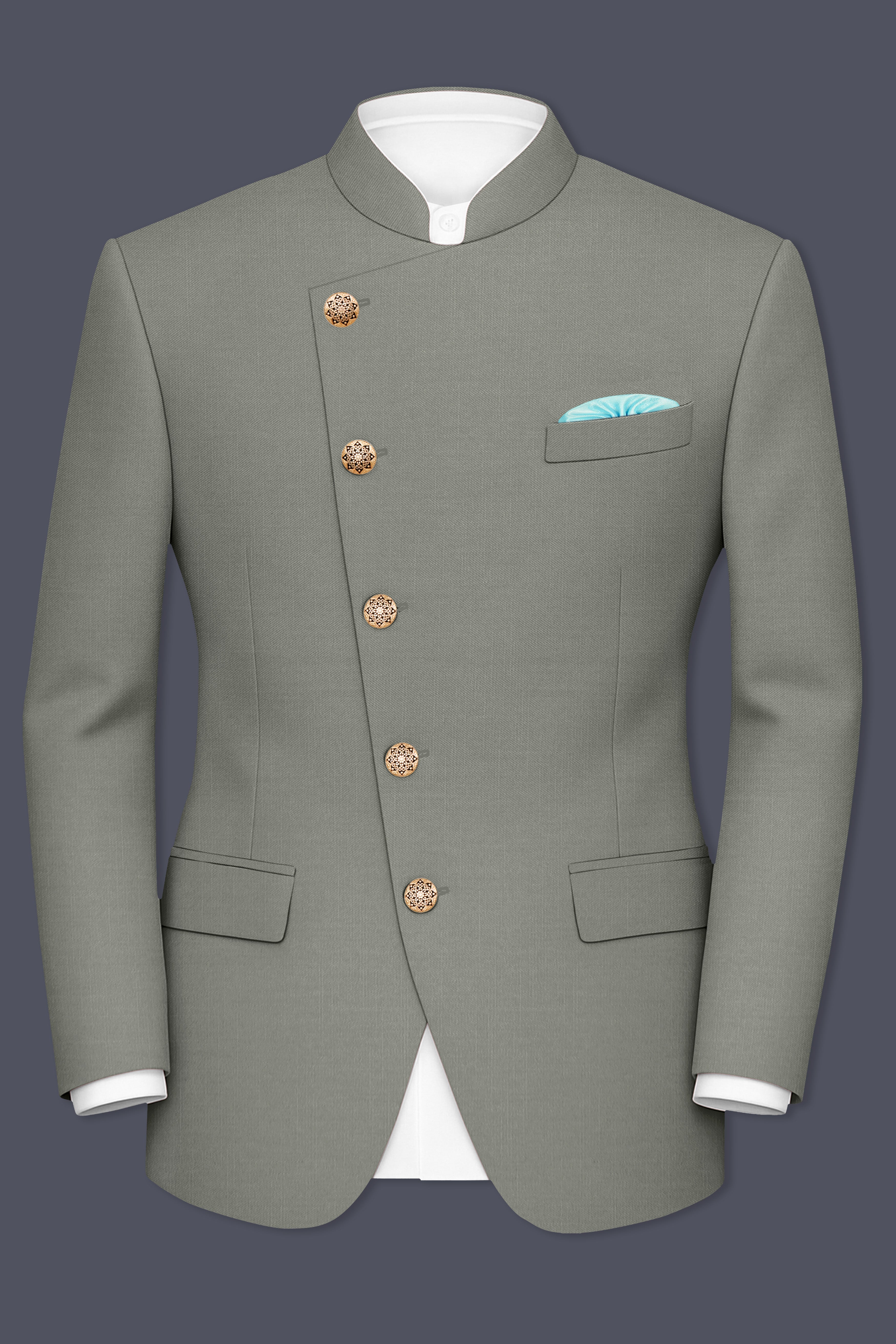 Verdure-Sage Green Wool Rich Cross Placket Bandhgala Slight Stretch Suits