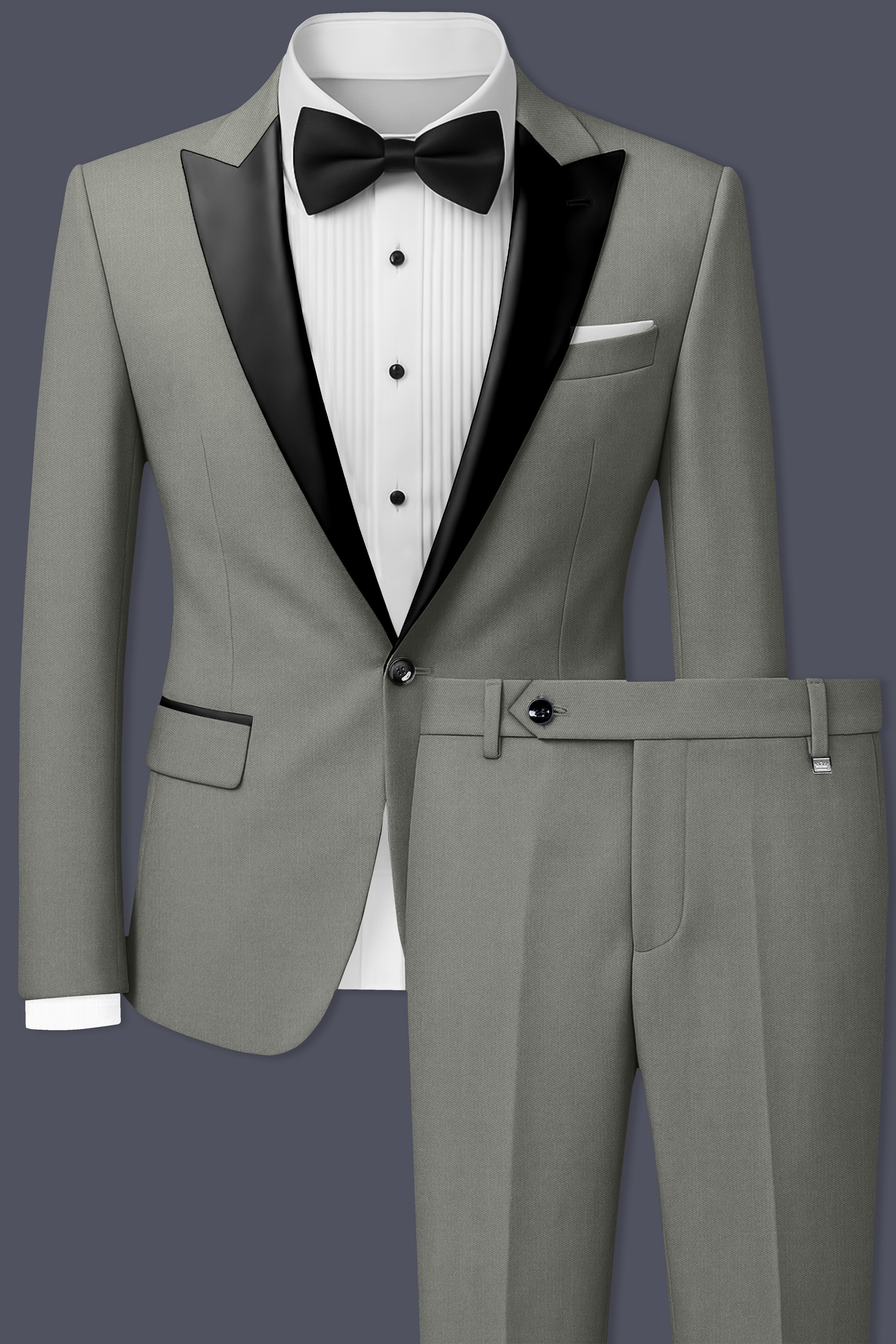 Verdure-Sage Green Wool Rich Peak Lapel Tuxedo Slight Stretch Suits