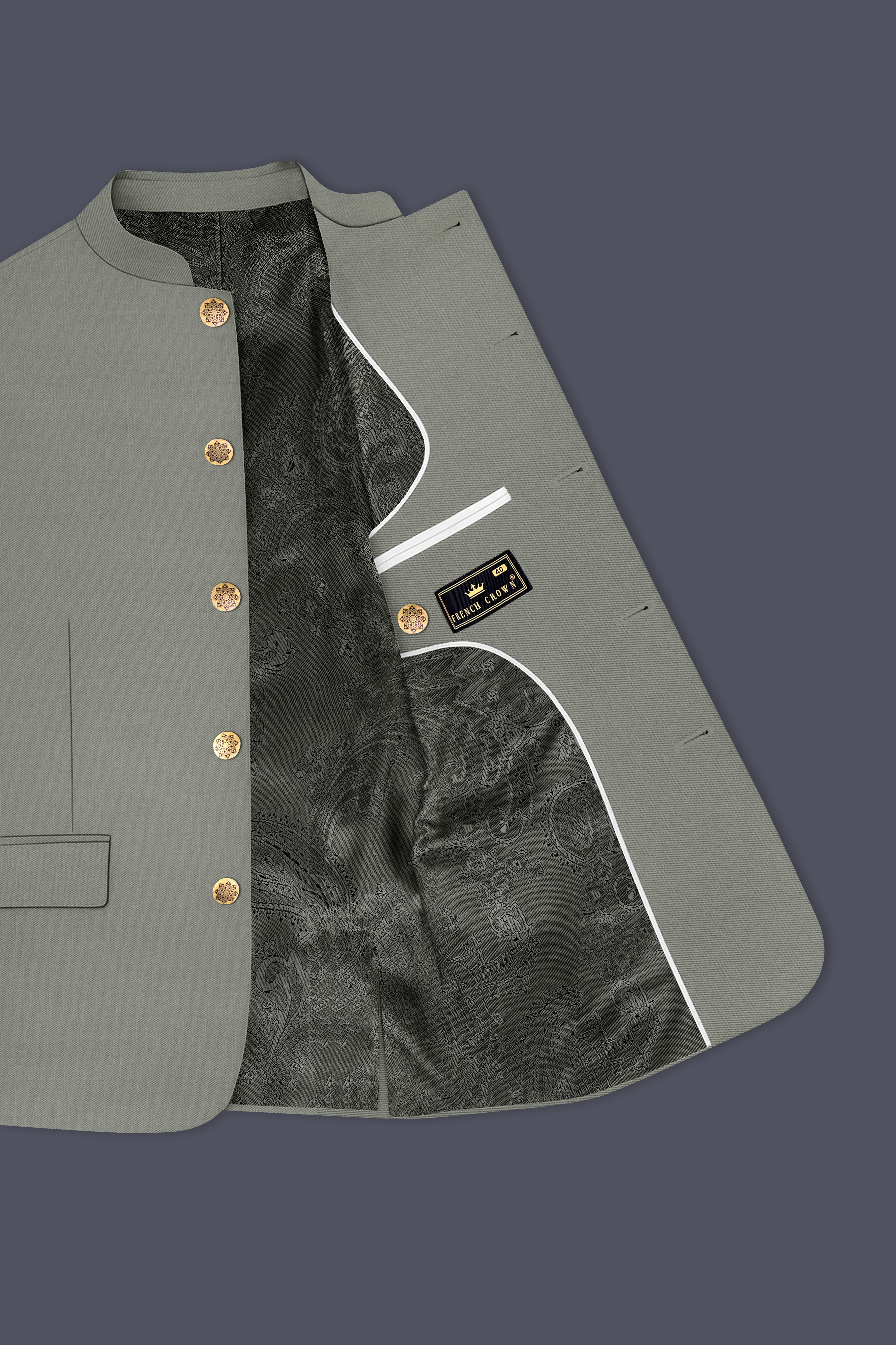 Verdure-Sage Green Wool Rich Bandhgala Slight Stretch Suits