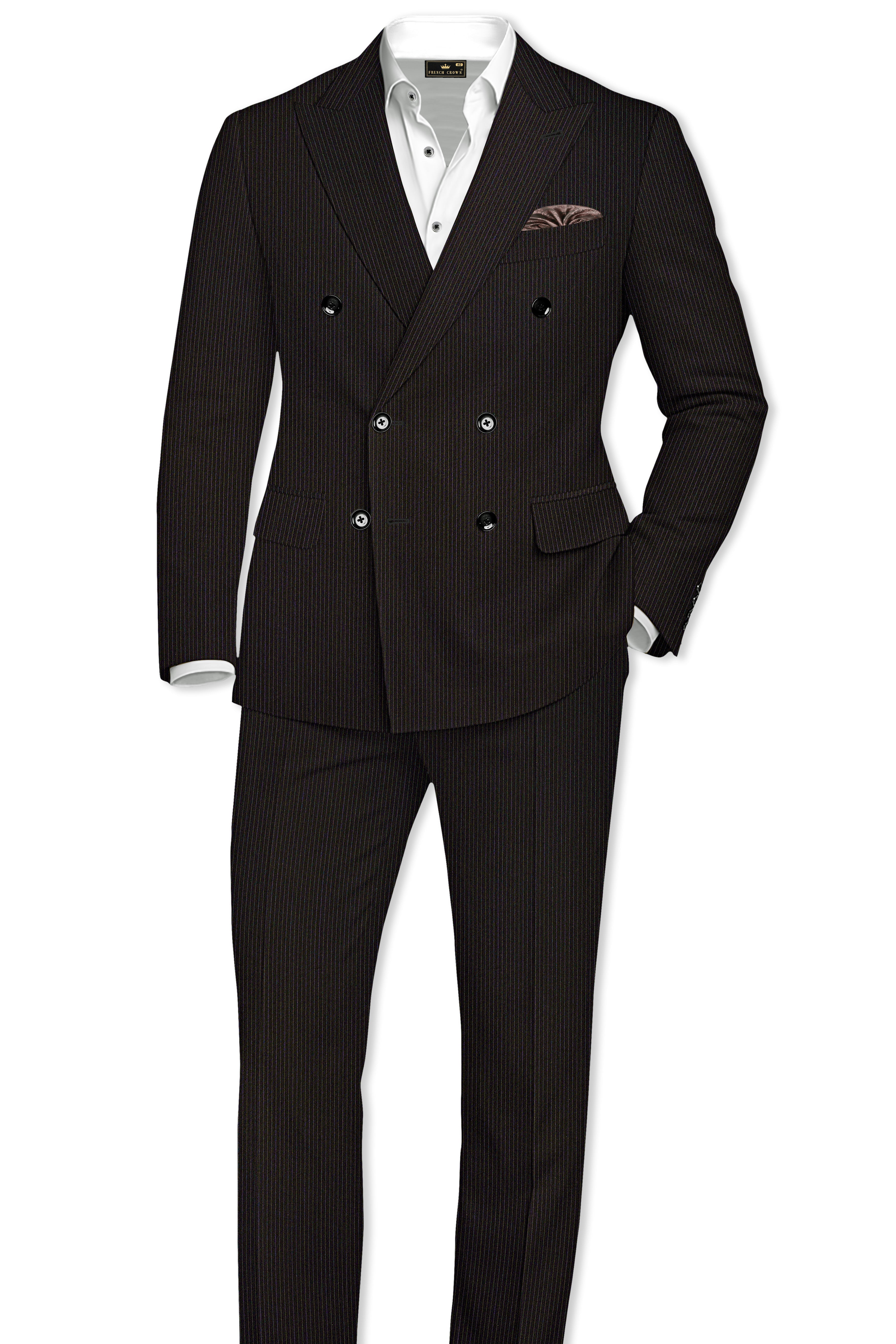 Imperio-Umber Brown Pencil Striped Wool Rich Slight Stretch Double Breasted Suit