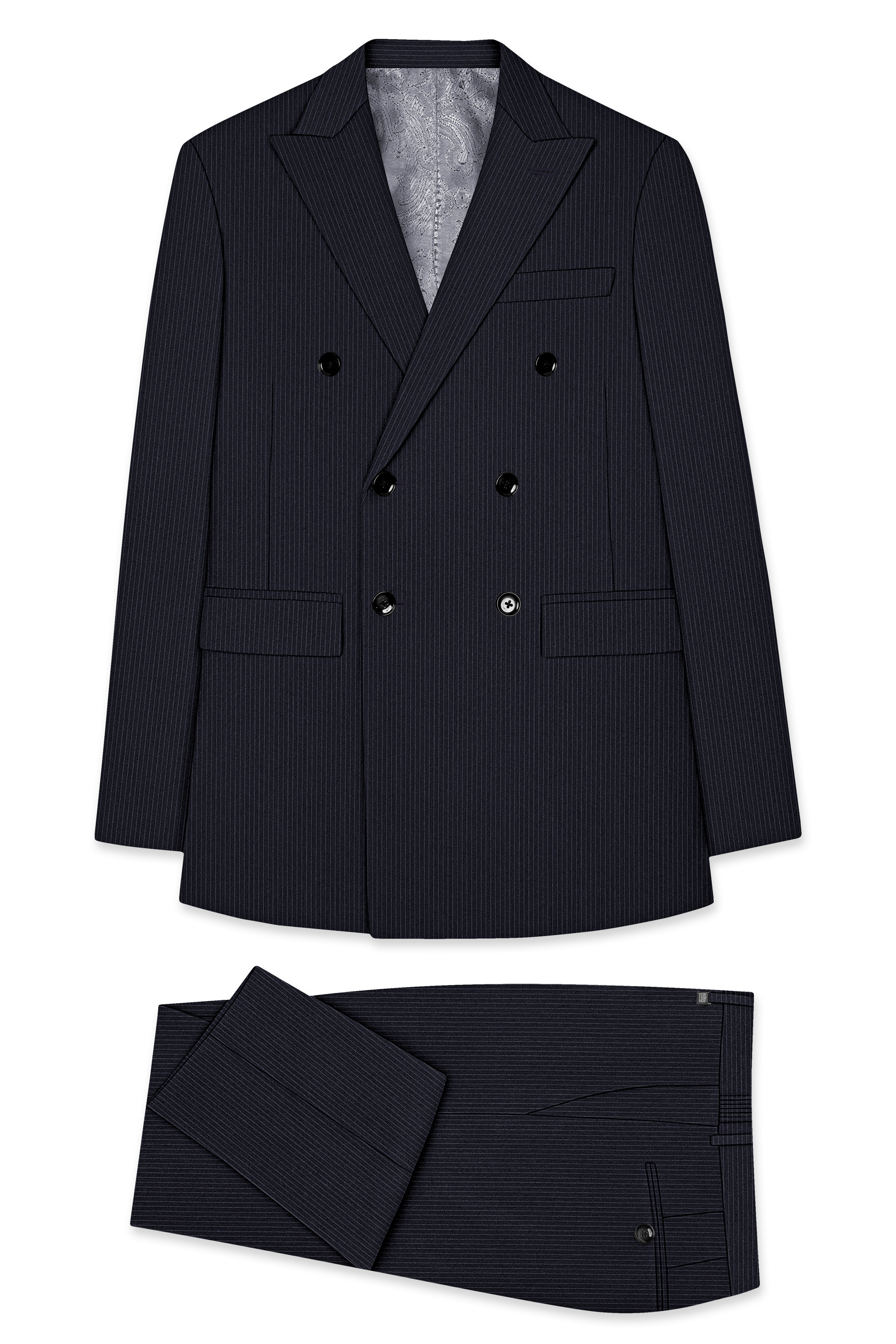 Cosmire-Space Blue Pencil Striped Wool Rich Slight Stretch Double Breasted Suit