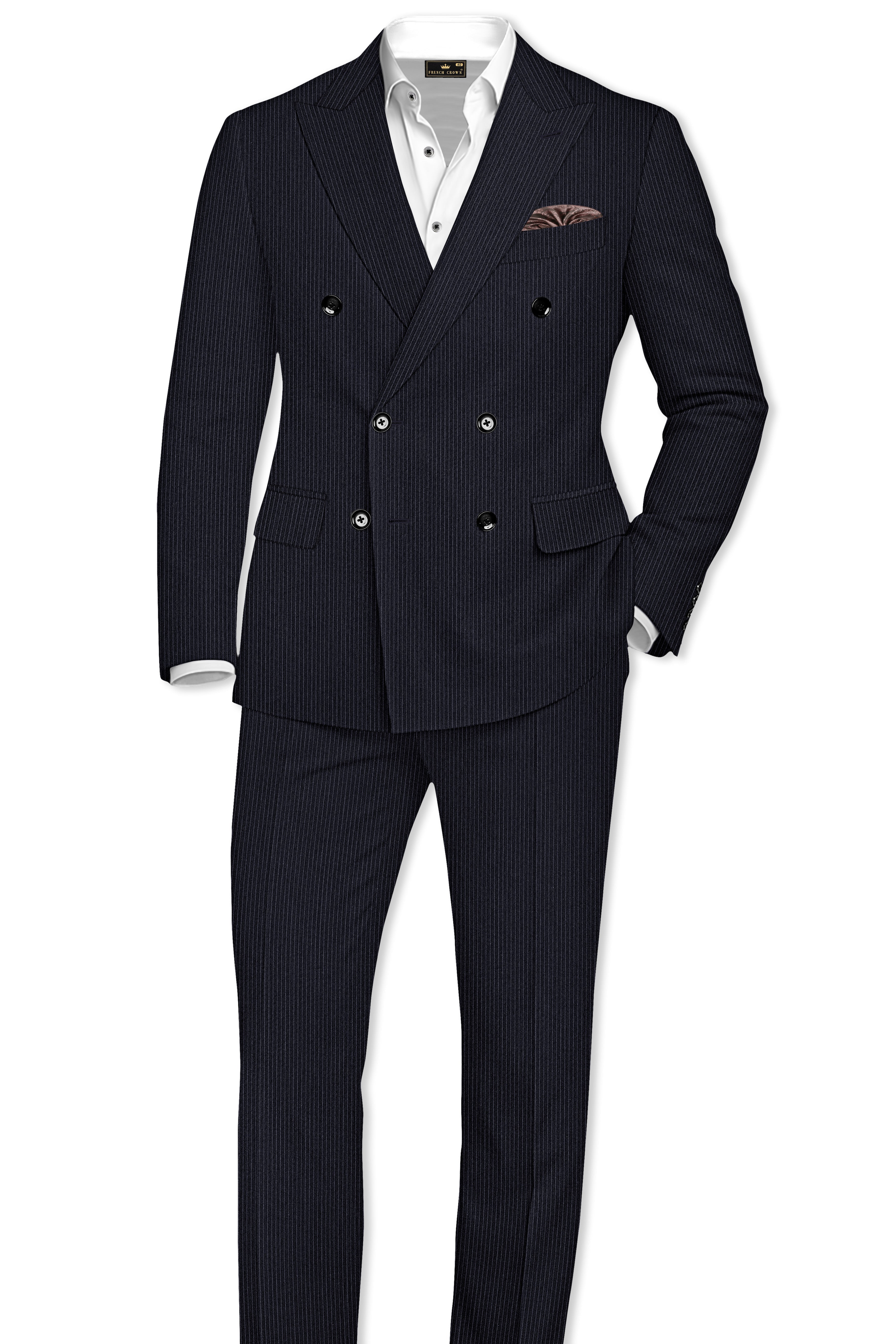 Cosmire-Space Blue Pencil Striped Wool Rich Slight Stretch Double Breasted Suit