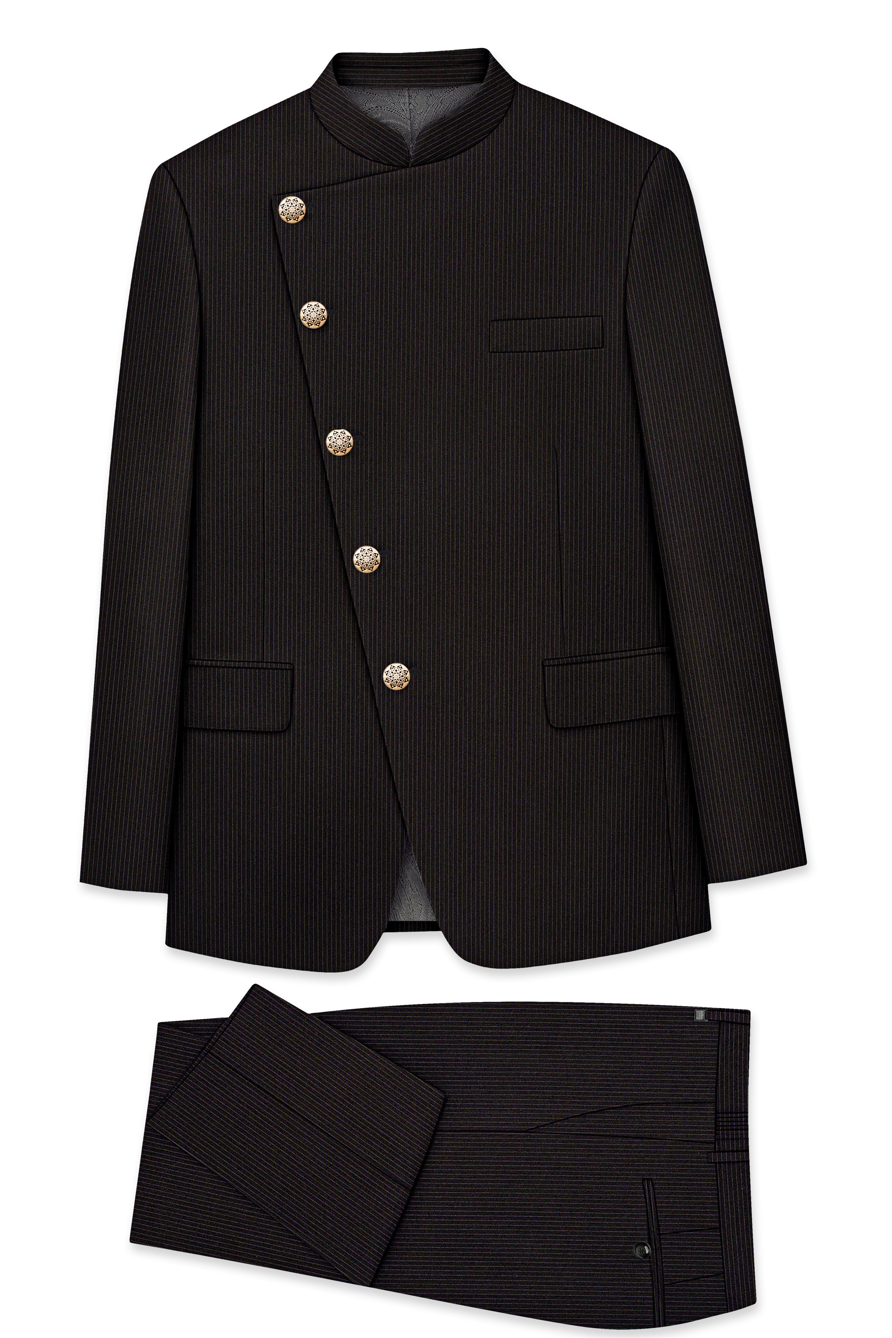 Imperio-Umber Brown Pencil Striped Wool Rich Slight Stretch Cross Placket Bandhgala Suit