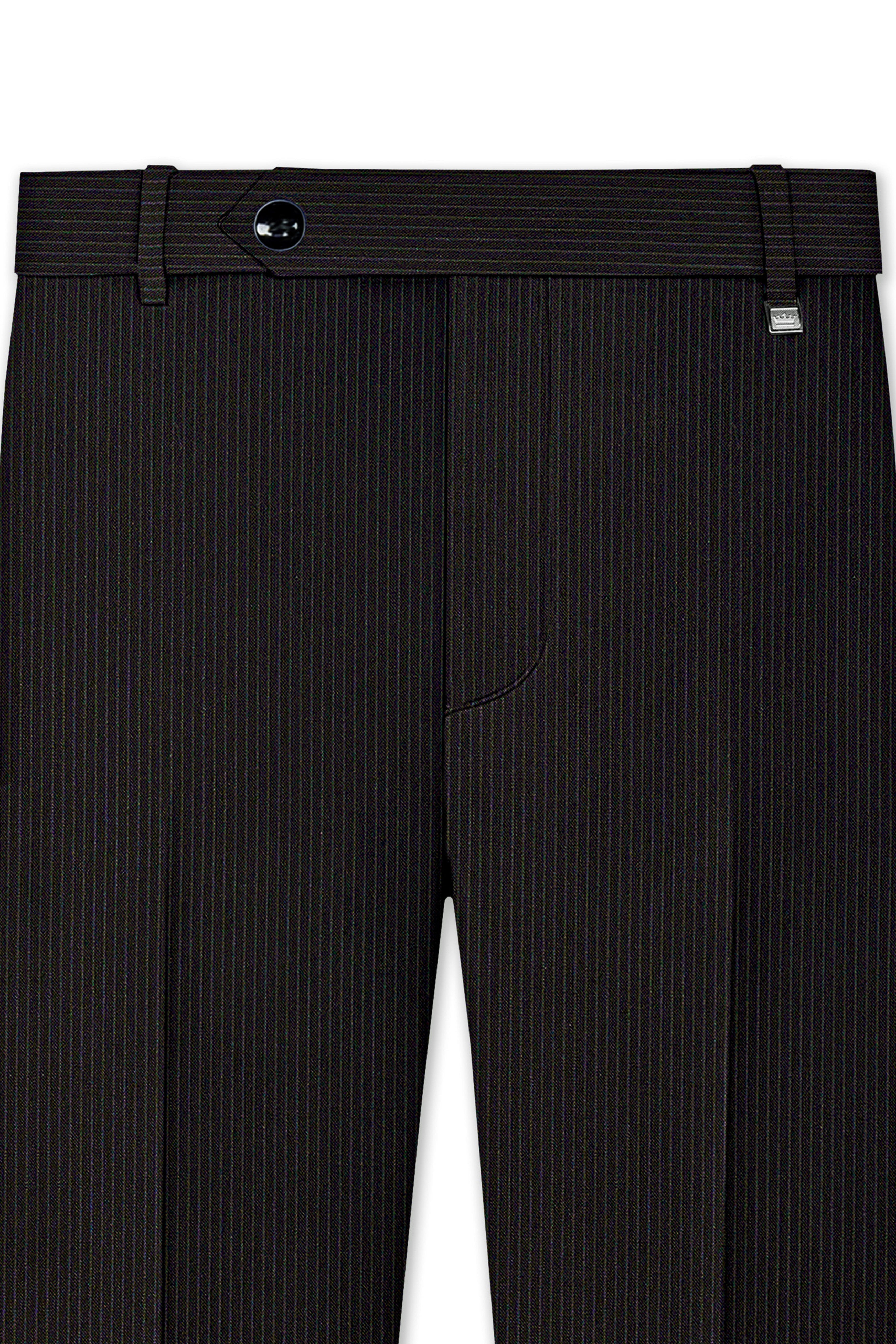 Imperio-Umber Brown Pencil Striped Wool Rich Slight Stretch Cross Placket Bandhgala Suit