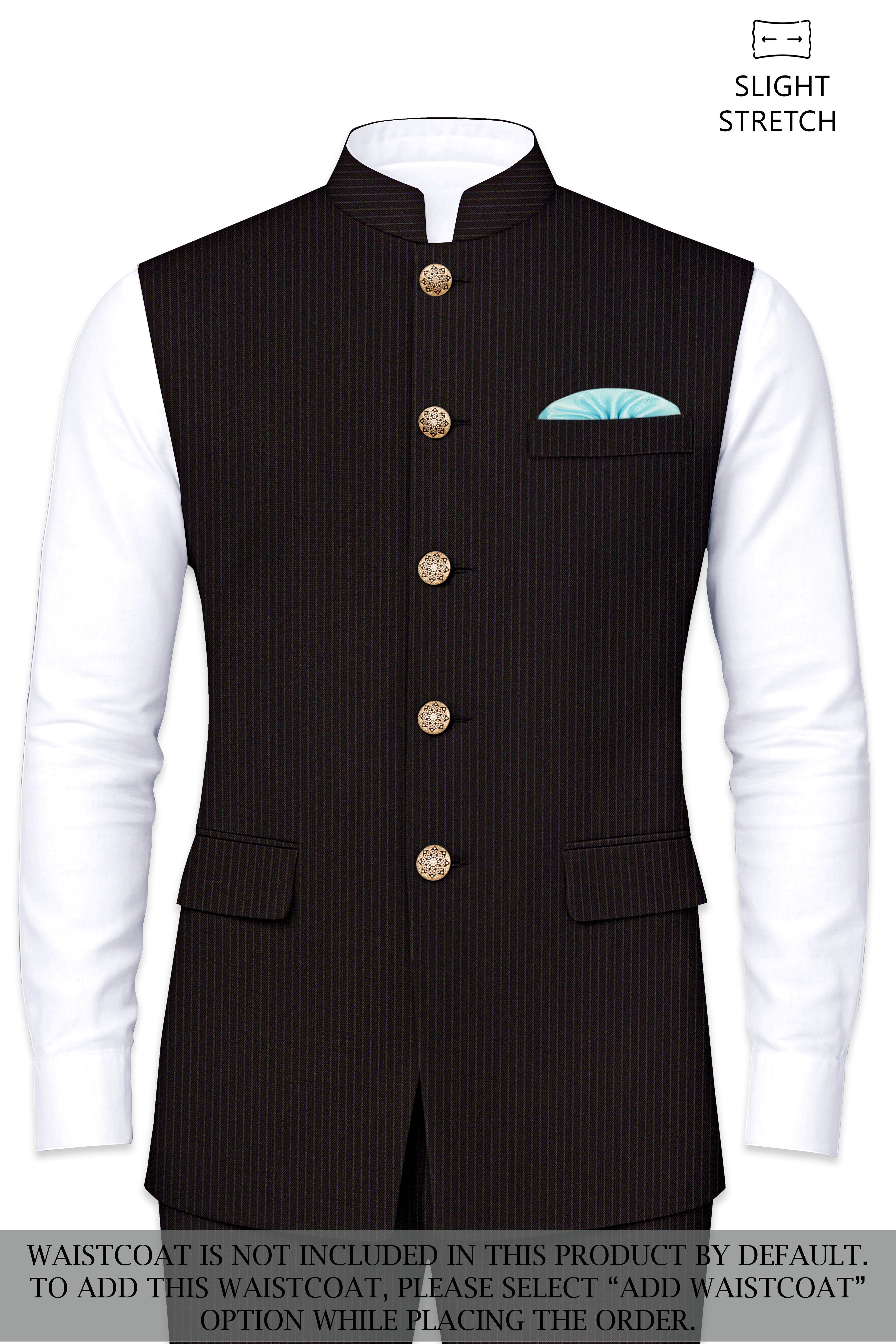 Imperio-Umber Brown Pencil Striped Wool Rich Slight Stretch Cross Placket Bandhgala Suit
