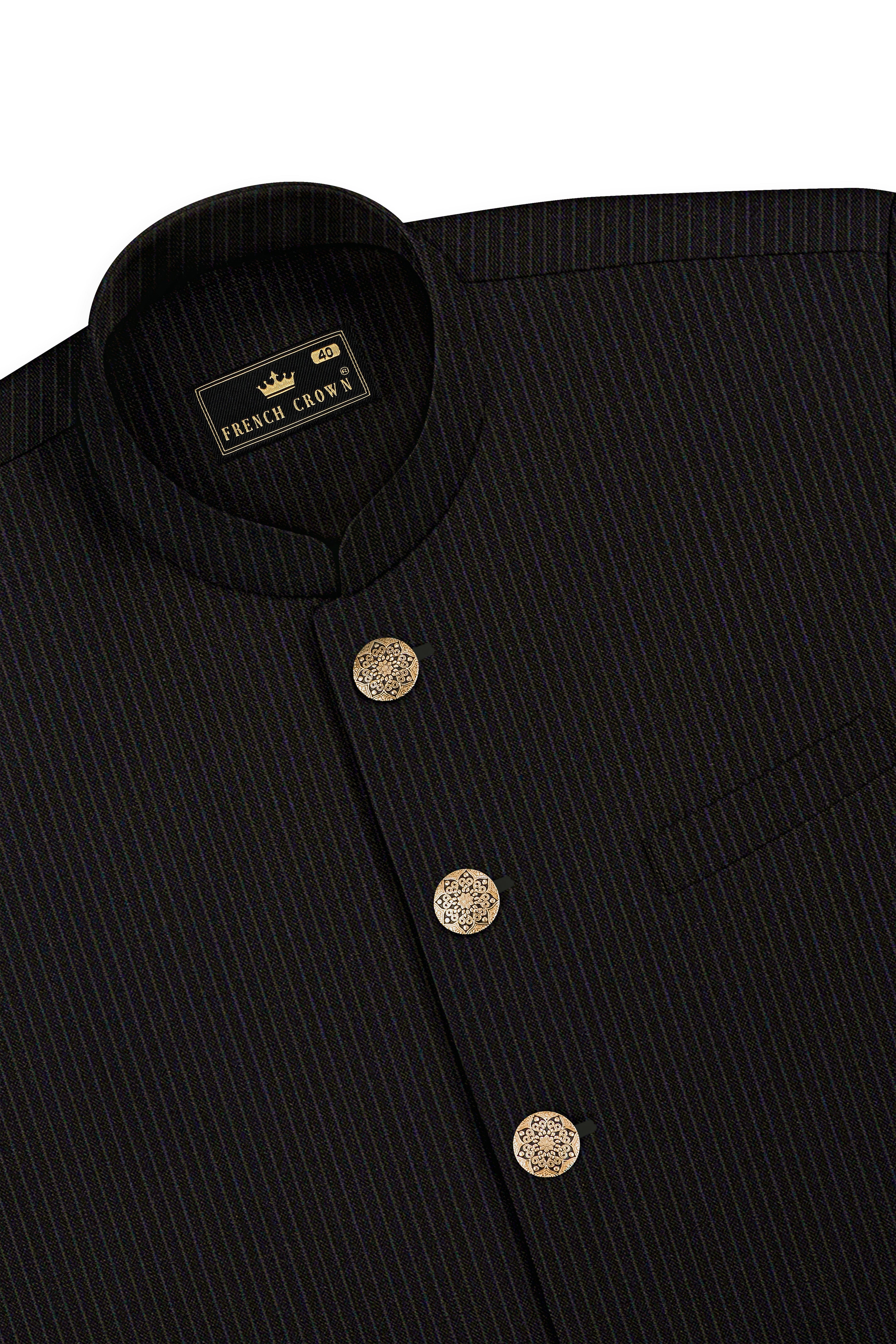 Imperio-Umber Brown Pencil Striped Wool Rich Slight Stretch Cross Placket Bandhgala Suit