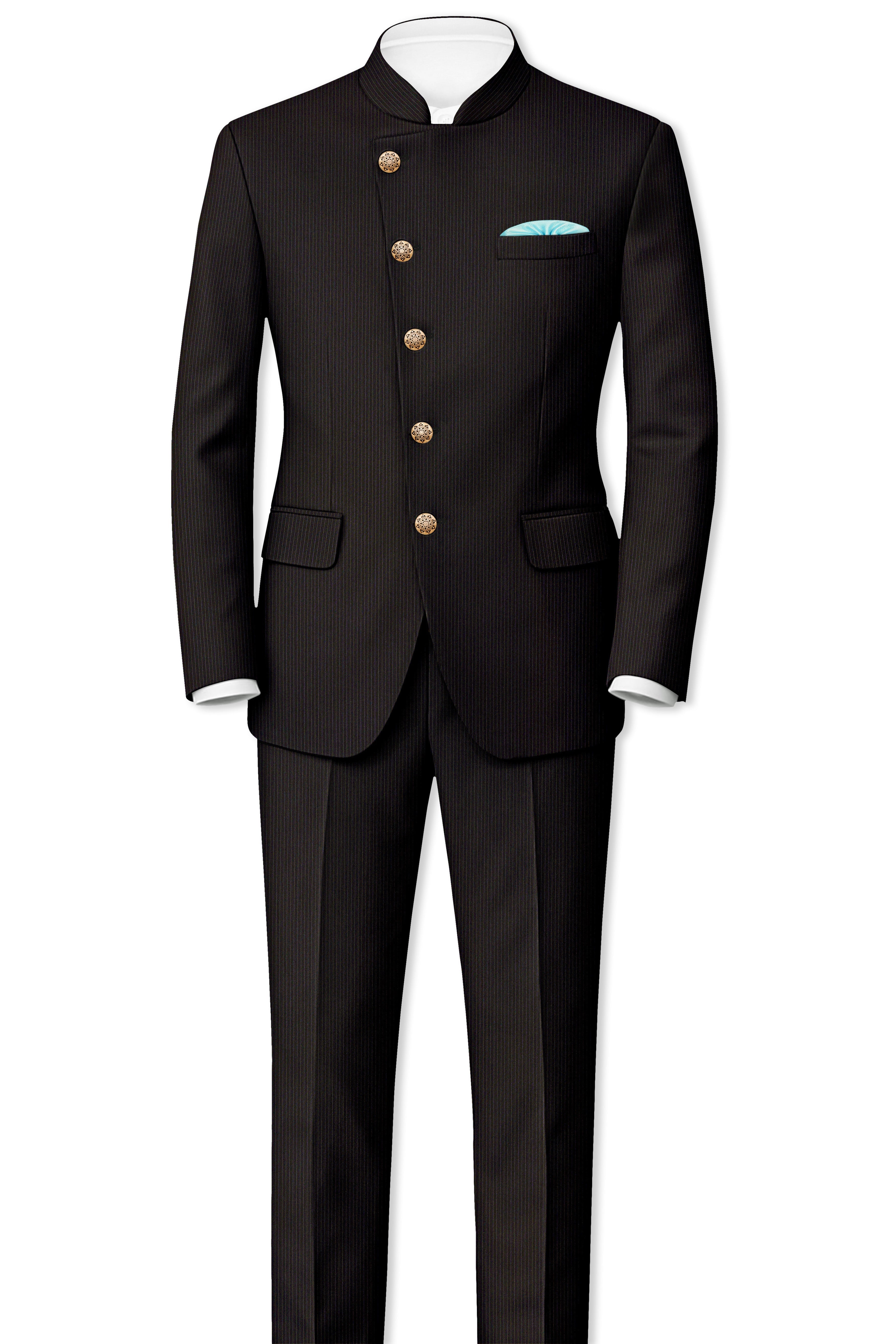 Imperio-Umber Brown Pencil Striped Wool Rich Slight Stretch Cross Placket Bandhgala Suit