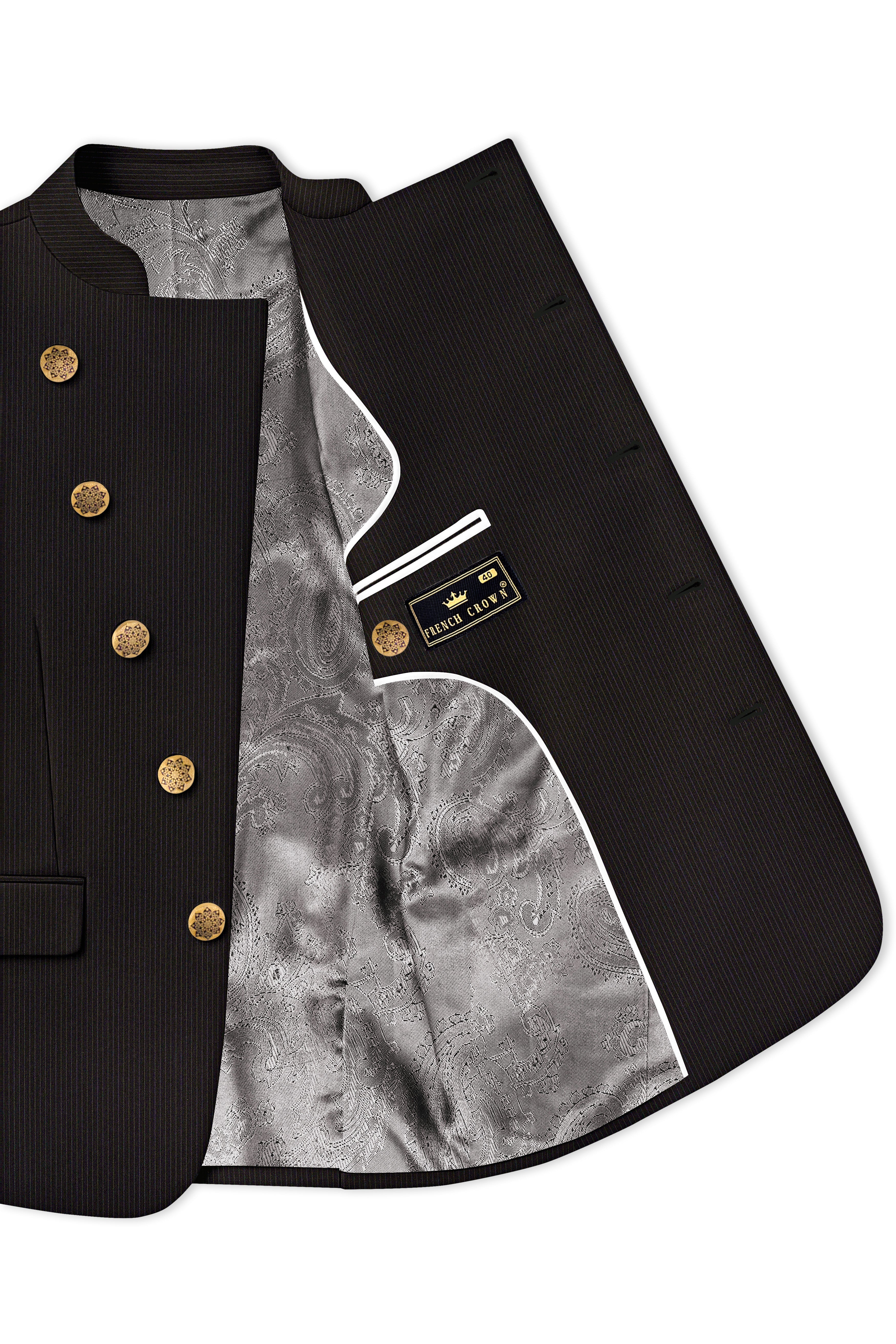 Imperio-Umber Brown Pencil Striped Wool Rich Slight Stretch Cross Placket Bandhgala Suit