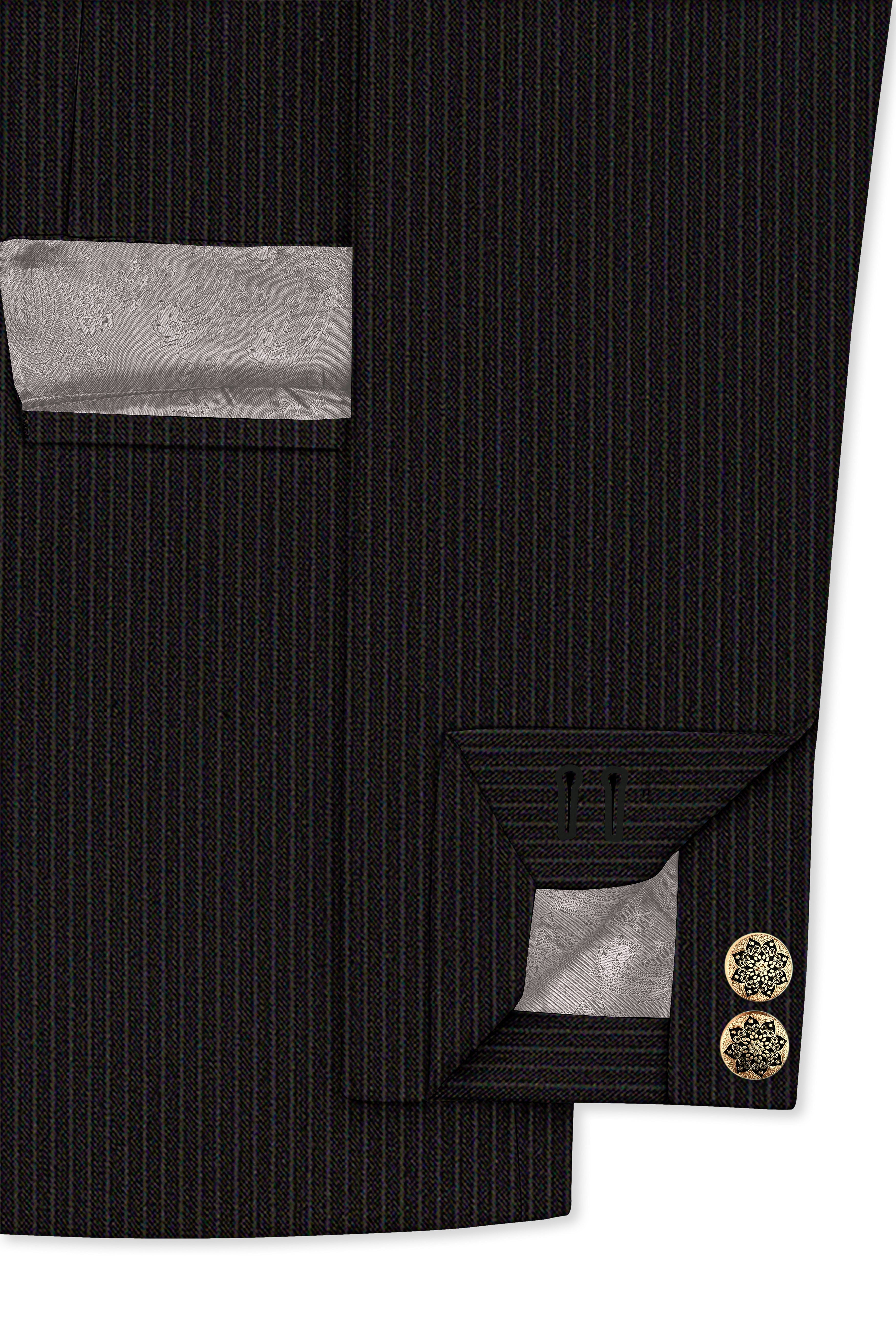 Imperio-Umber Brown Pencil Striped Wool Rich Slight Stretch Cross Placket Bandhgala Suit