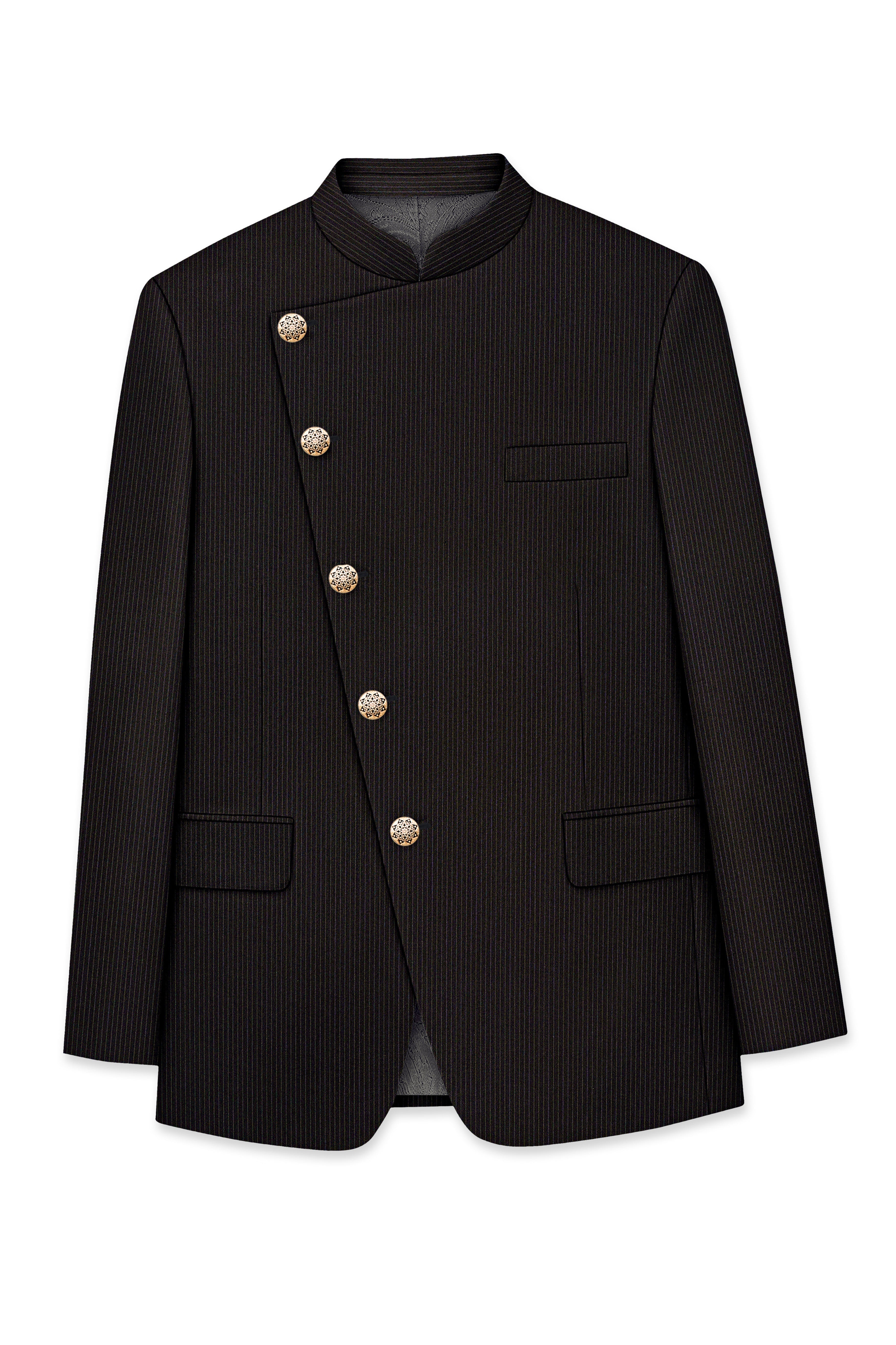 Imperio-Umber Brown Pencil Striped Wool Rich Slight Stretch Cross Placket Bandhgala Suit