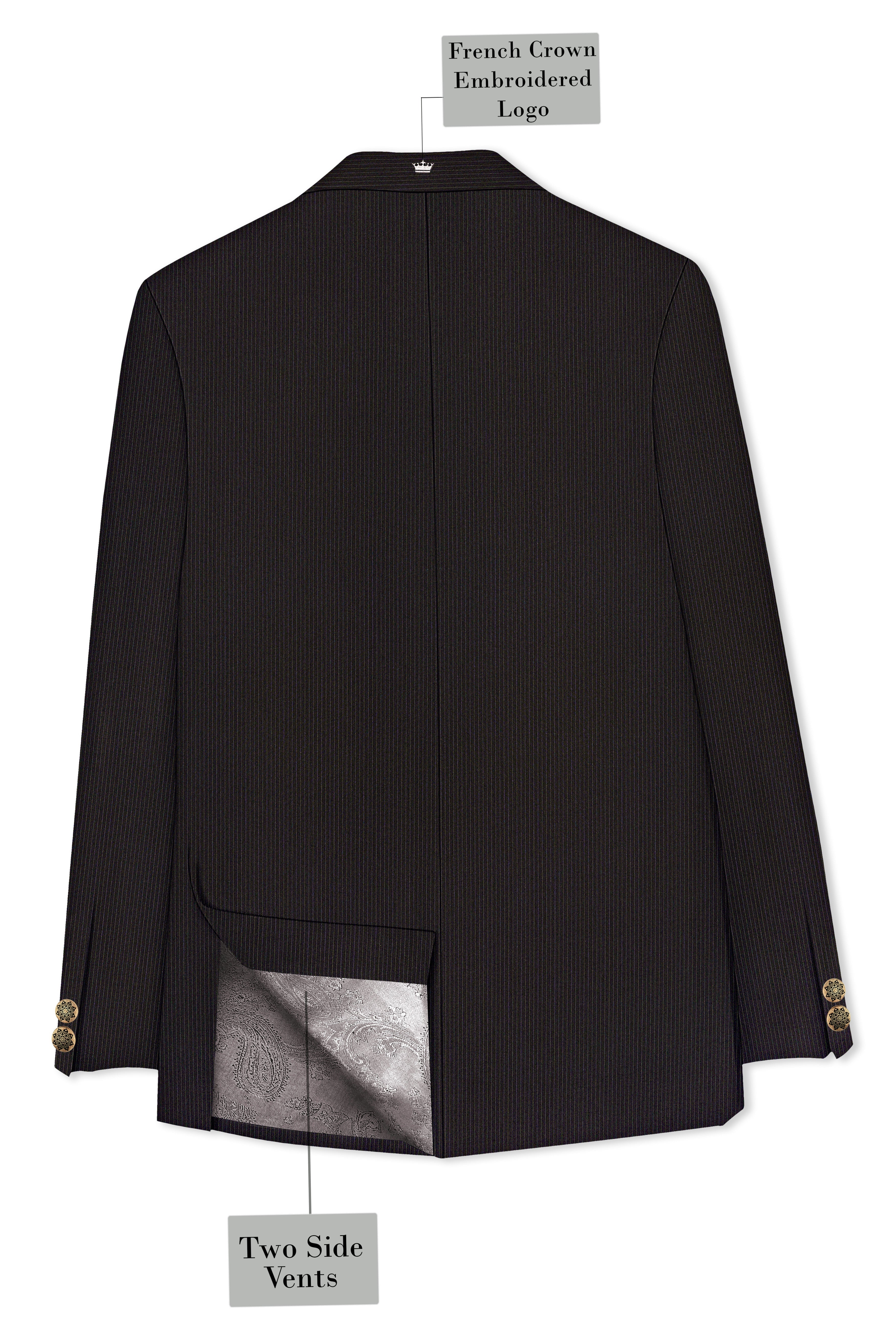 Imperio-Umber Brown Pencil Striped Wool Rich Slight Stretch Cross Placket Bandhgala Suit