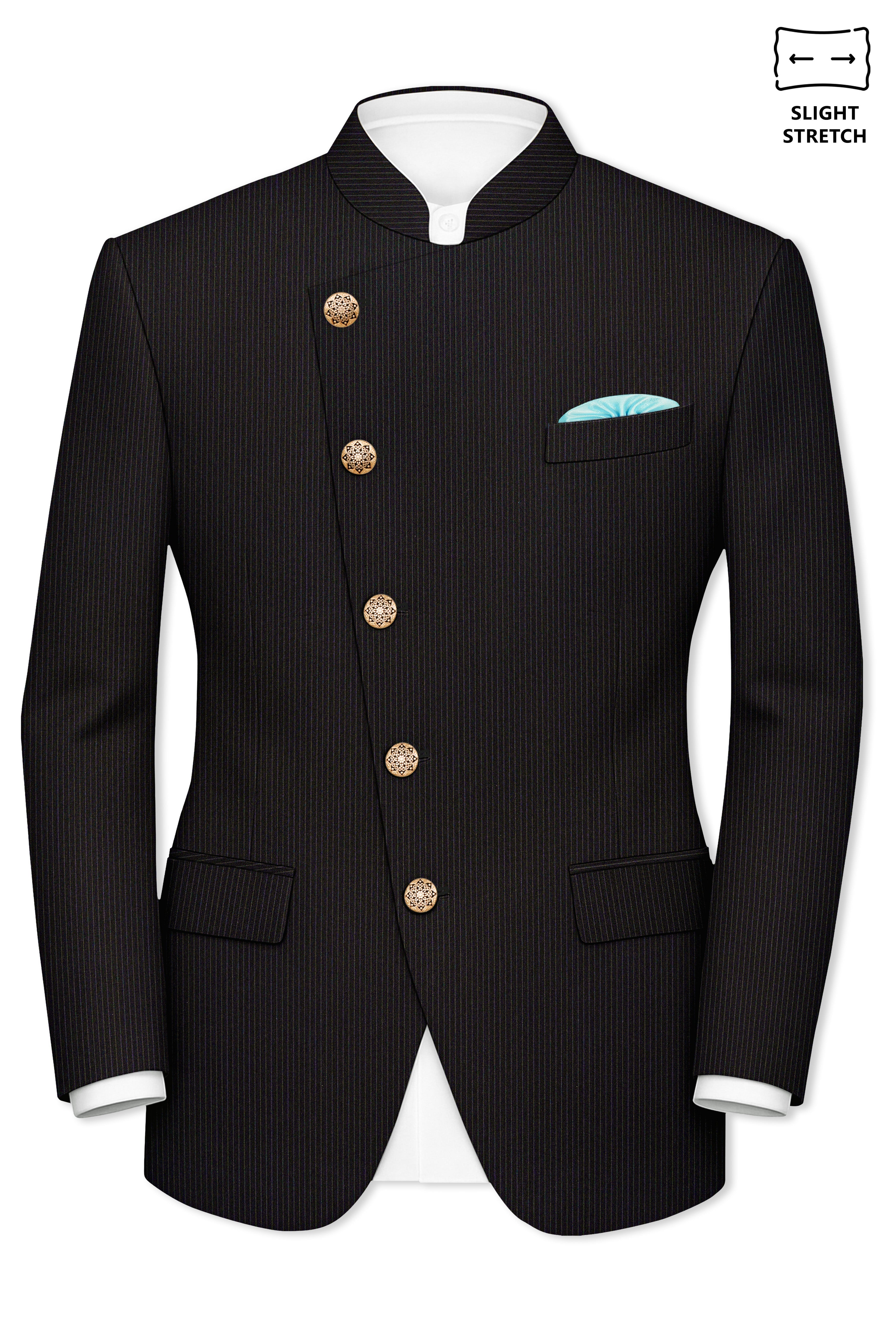 Imperio-Umber Brown Pencil Striped Wool Rich Slight Stretch Cross Placket Bandhgala Suit