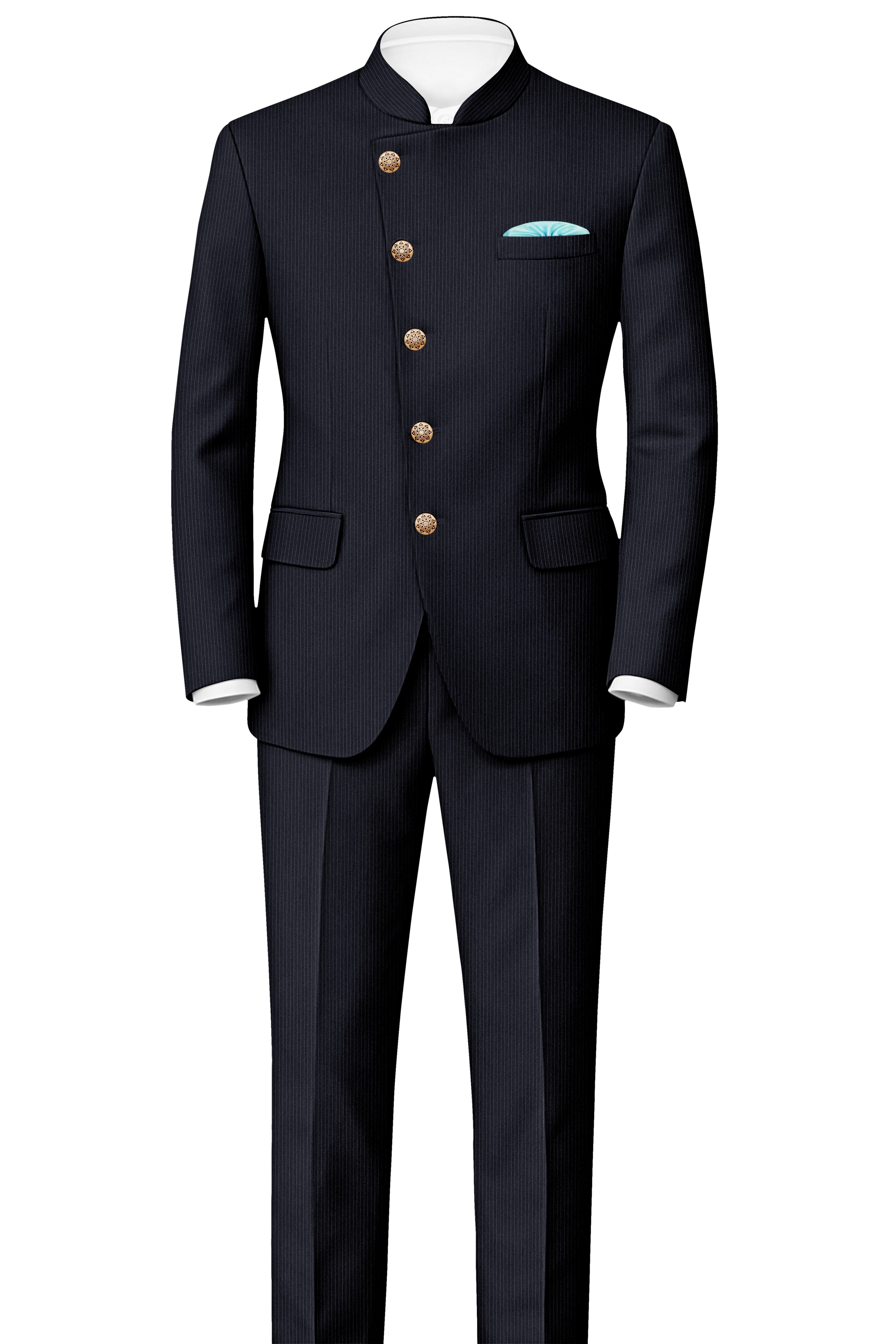 Cosmire-Space Blue Pencil Striped Wool Rich Slight Stretch Cross Placket Bandhgala Suit