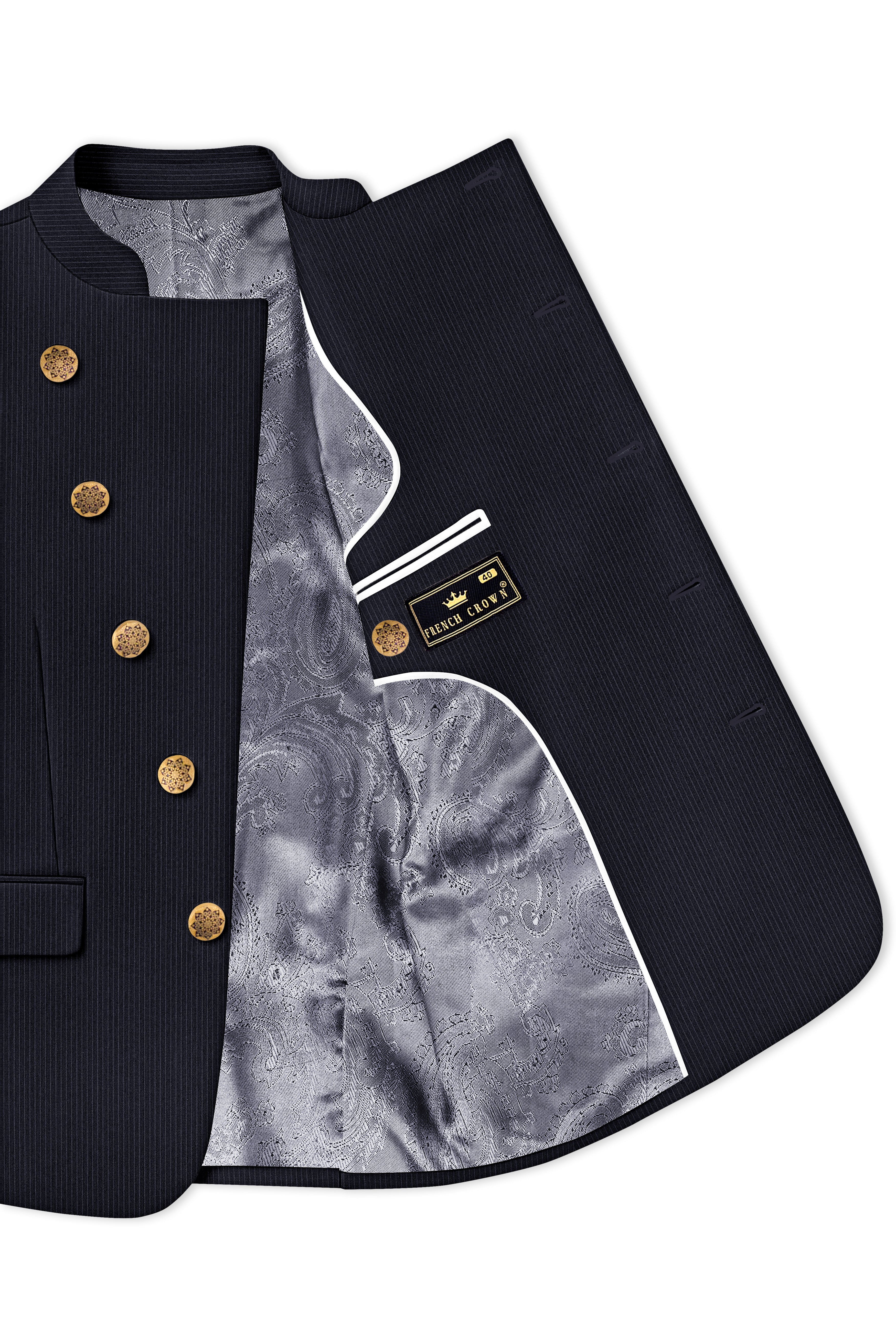 Cosmire-Space Blue Pencil Striped Wool Rich Slight Stretch Cross Placket Bandhgala Suit
