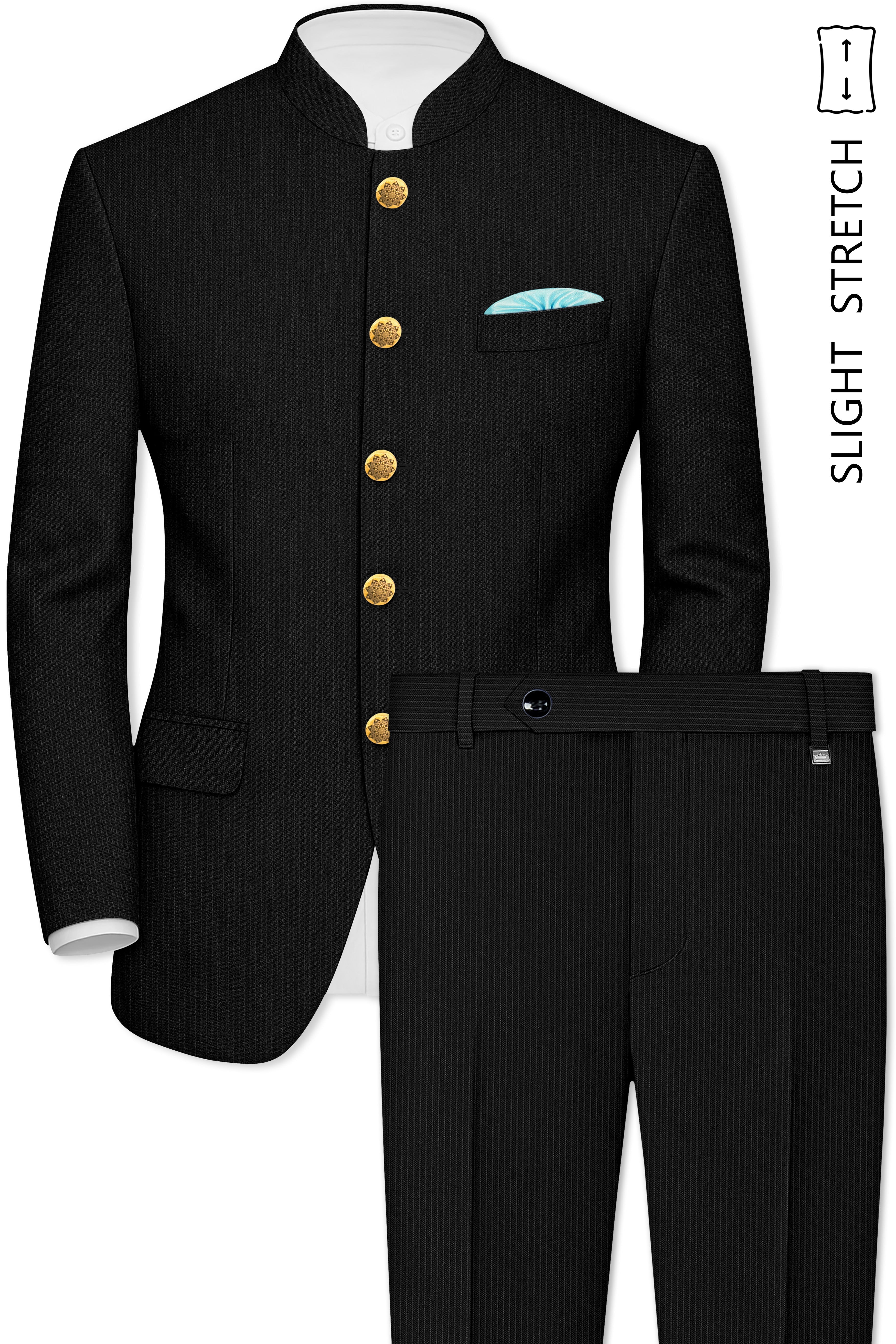 Aurejax-Jade Black Pencil Striped Wool Rich Bandhgala Slight Stretch Suit