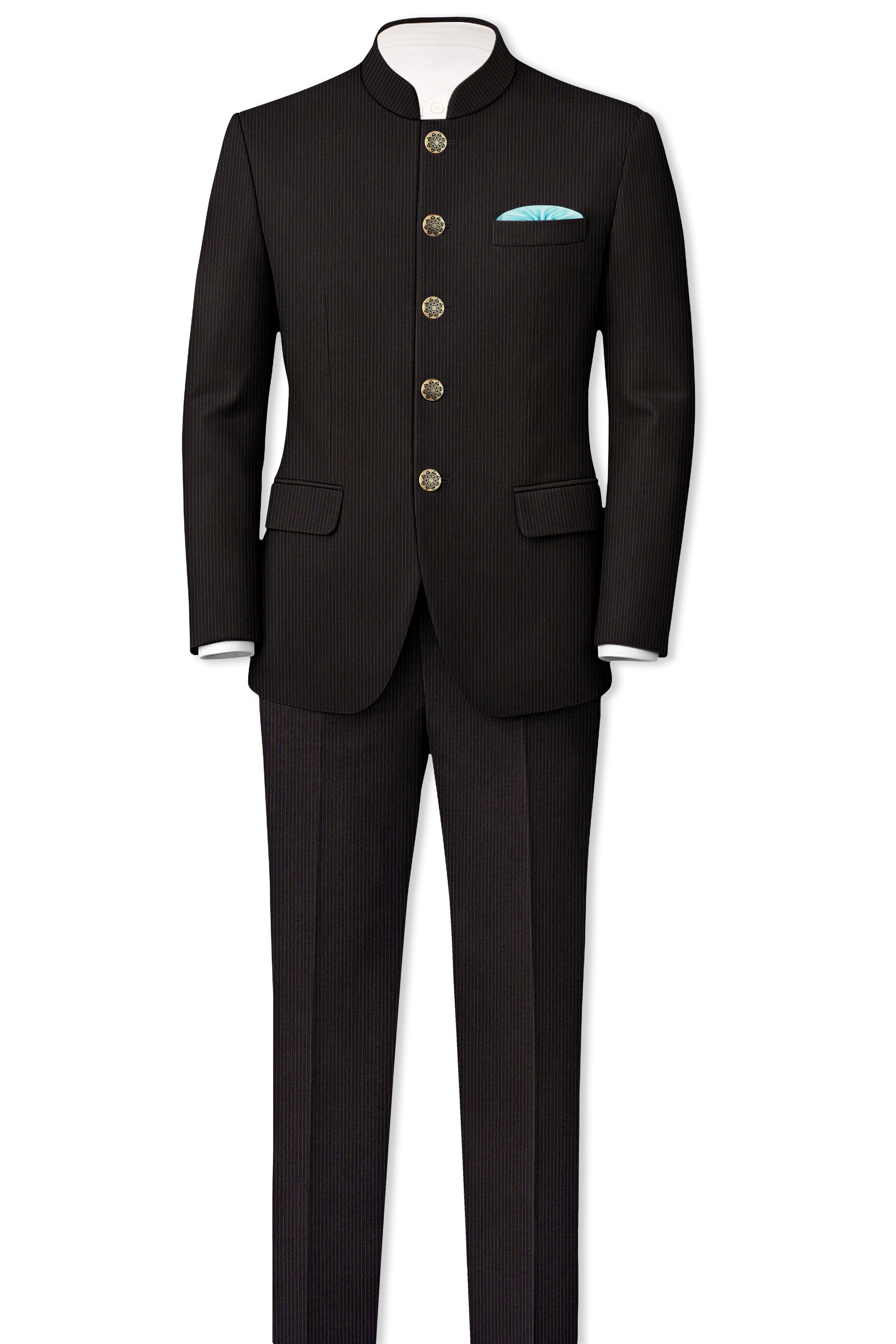 Imperio-Umber Brown Pencil Striped Wool Rich Bandhgala Slight Stretch Suit