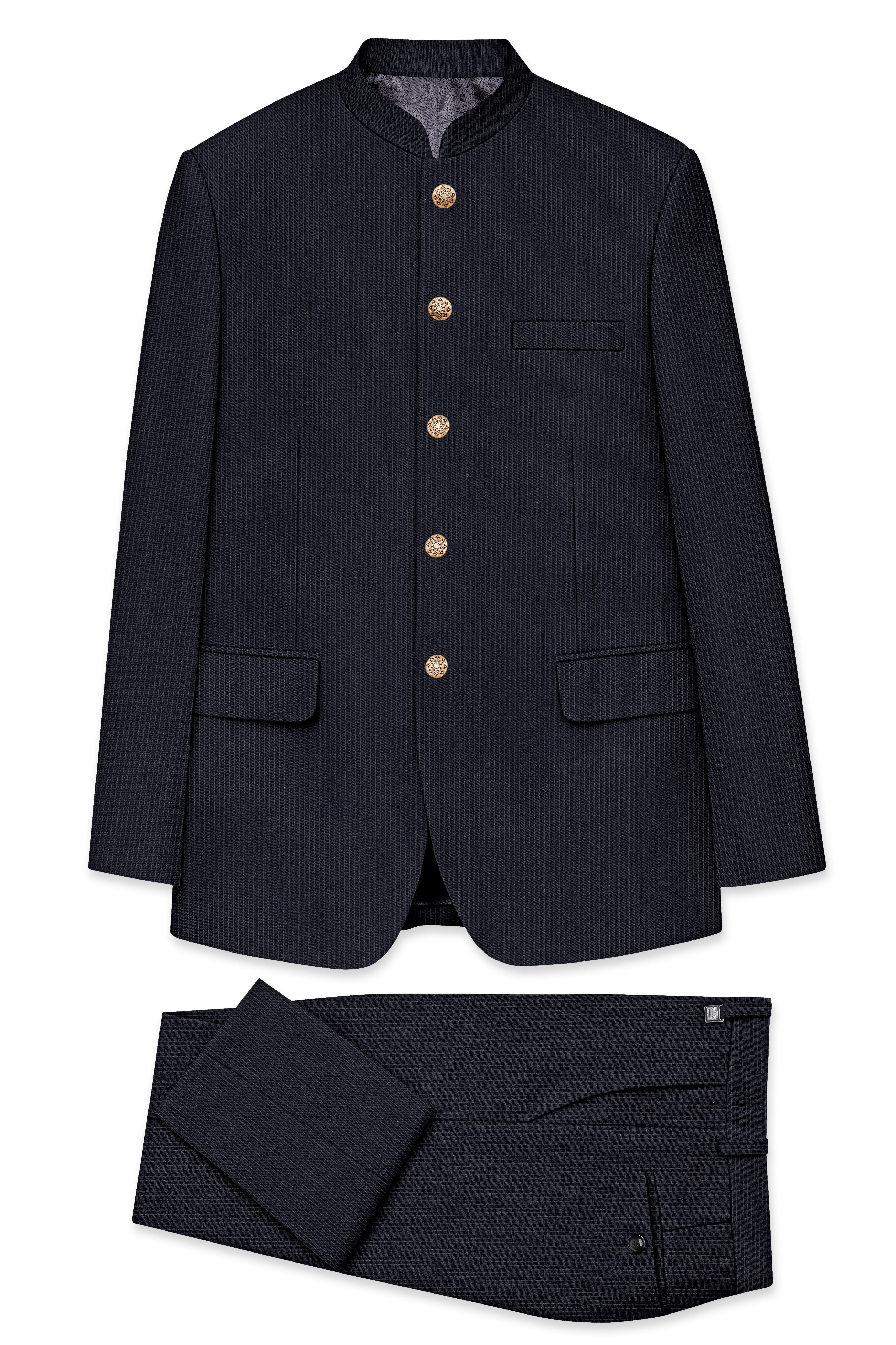 Cosmire-Space Blue Pencil Striped Wool Rich Bandhgala Slight Stretch Suit