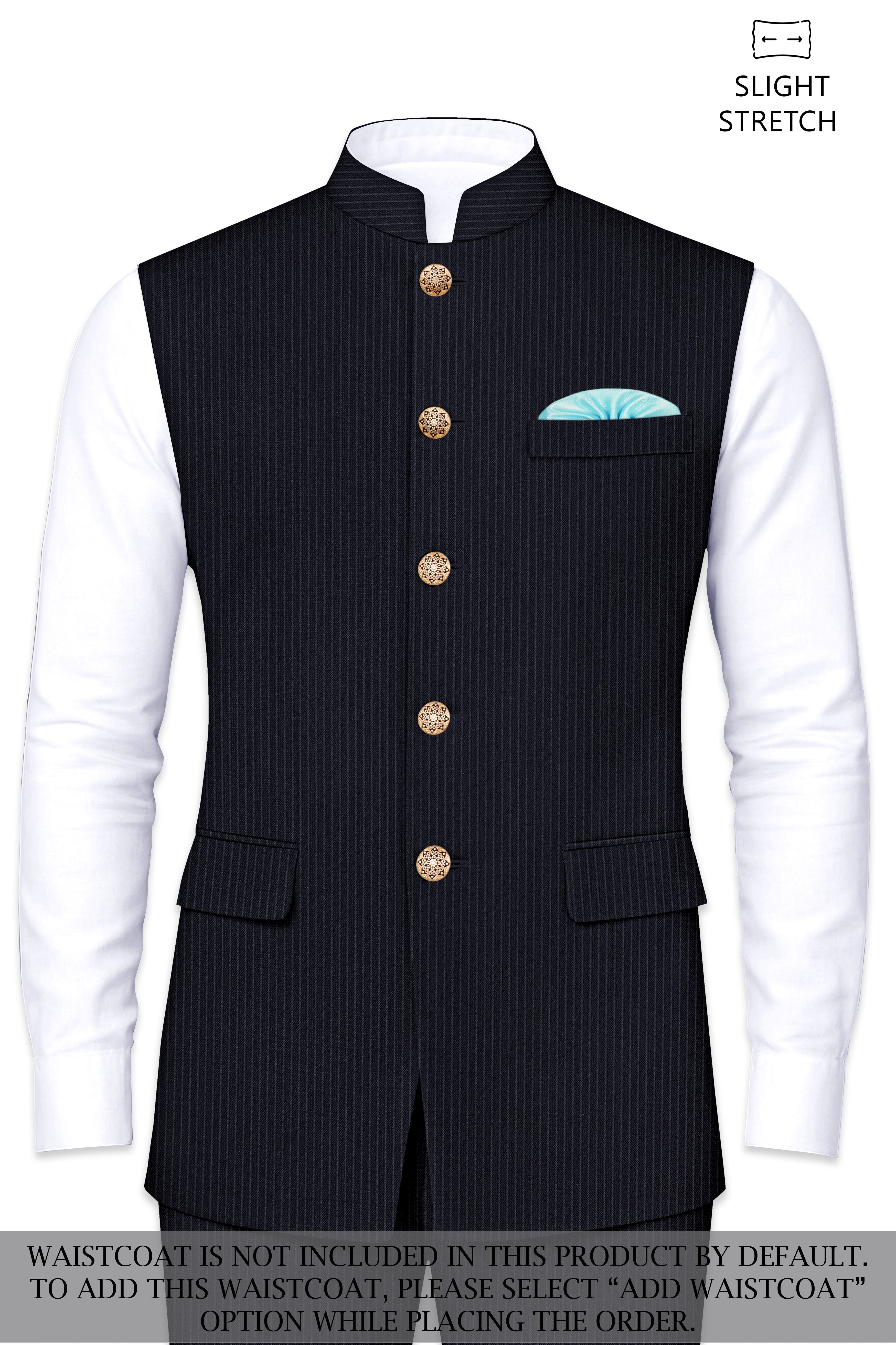 Cosmire-Space Blue Pencil Striped Wool Rich Bandhgala Slight Stretch Suit