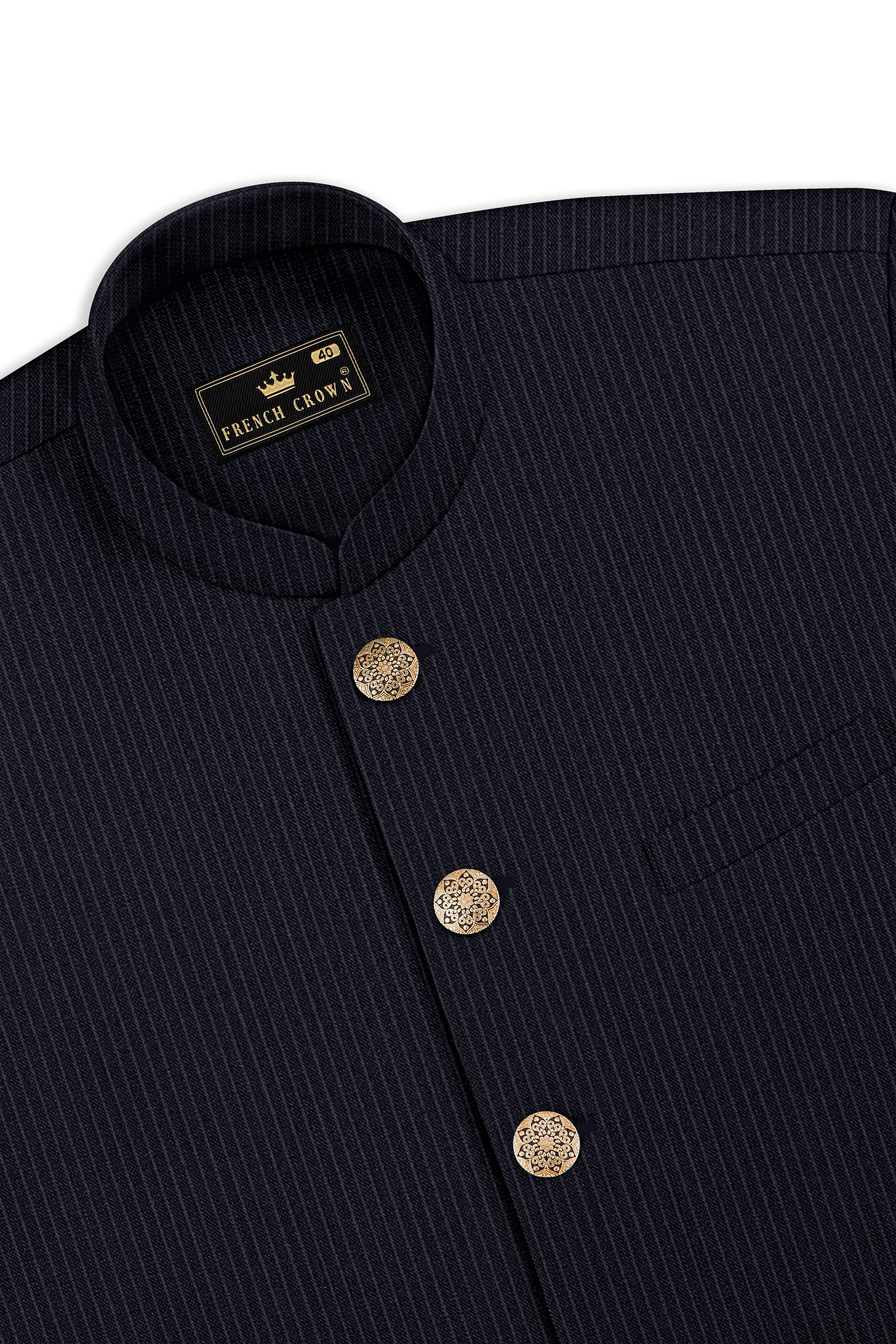 Cosmire-Space Blue Pencil Striped Wool Rich Bandhgala Slight Stretch Suit