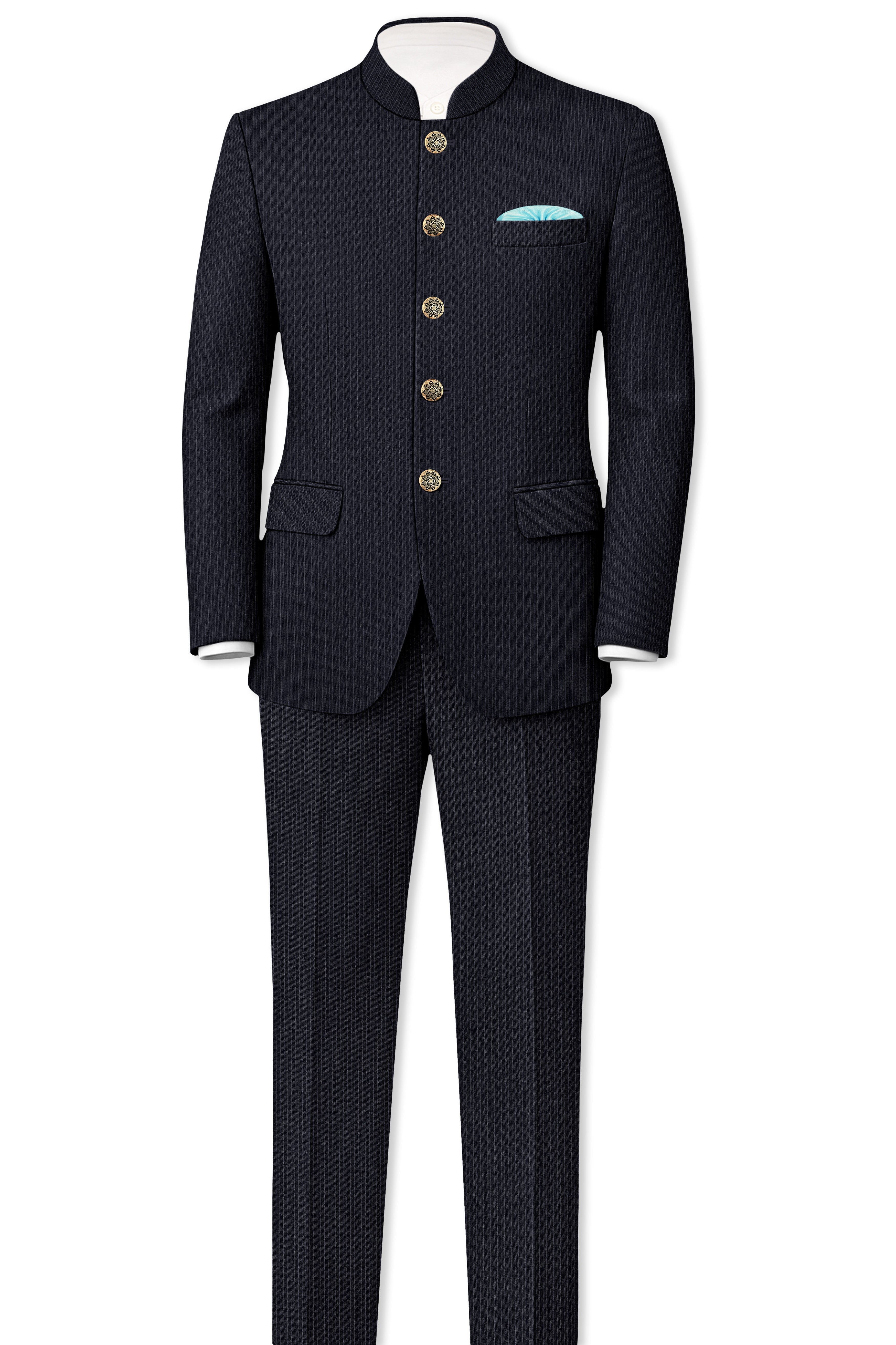 Cosmire-Space Blue Pencil Striped Wool Rich Bandhgala Slight Stretch Suit