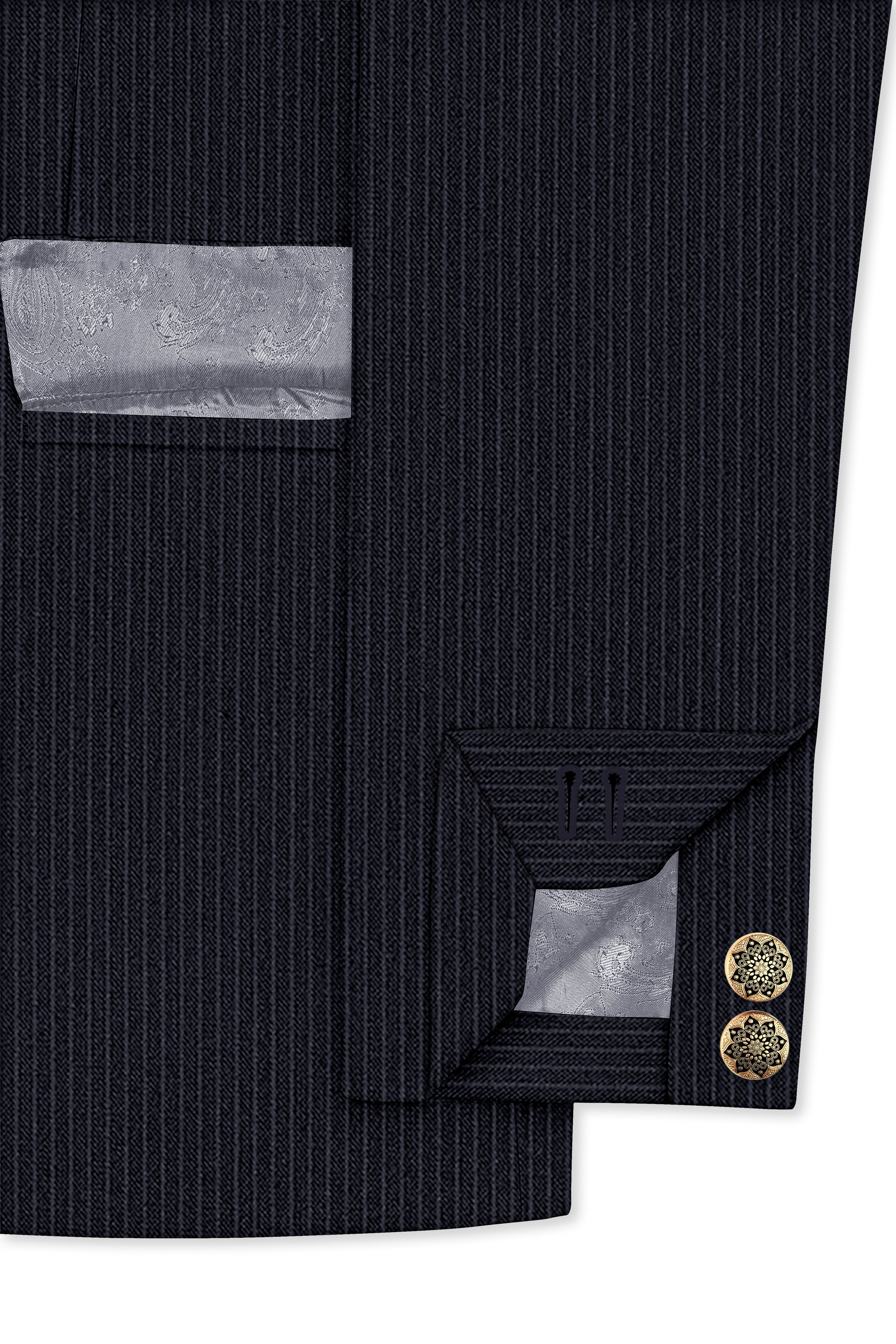 Cosmire-Space Blue Pencil Striped Wool Rich Bandhgala Slight Stretch Suit