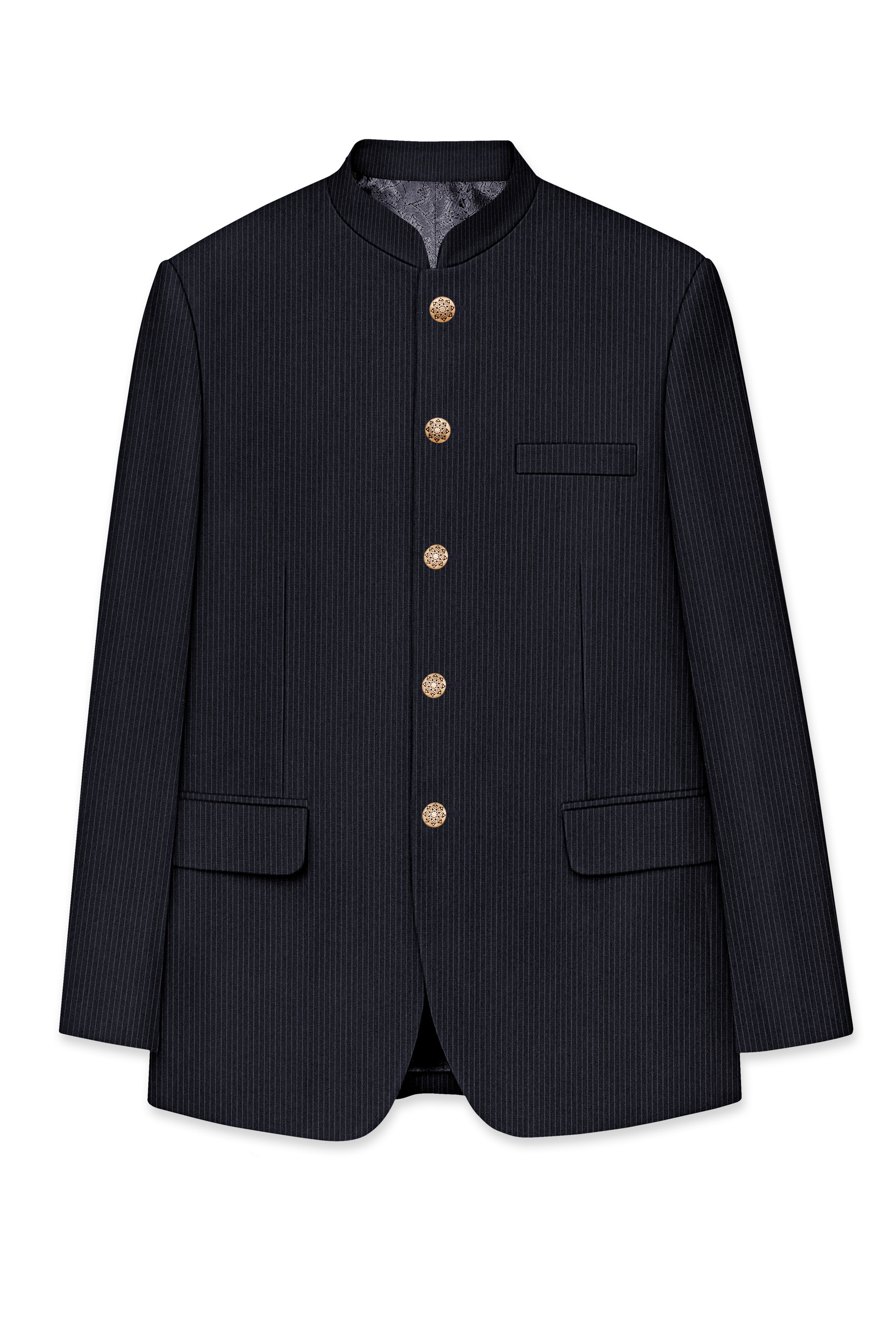 Cosmire-Space Blue Pencil Striped Wool Rich Bandhgala Slight Stretch Suit