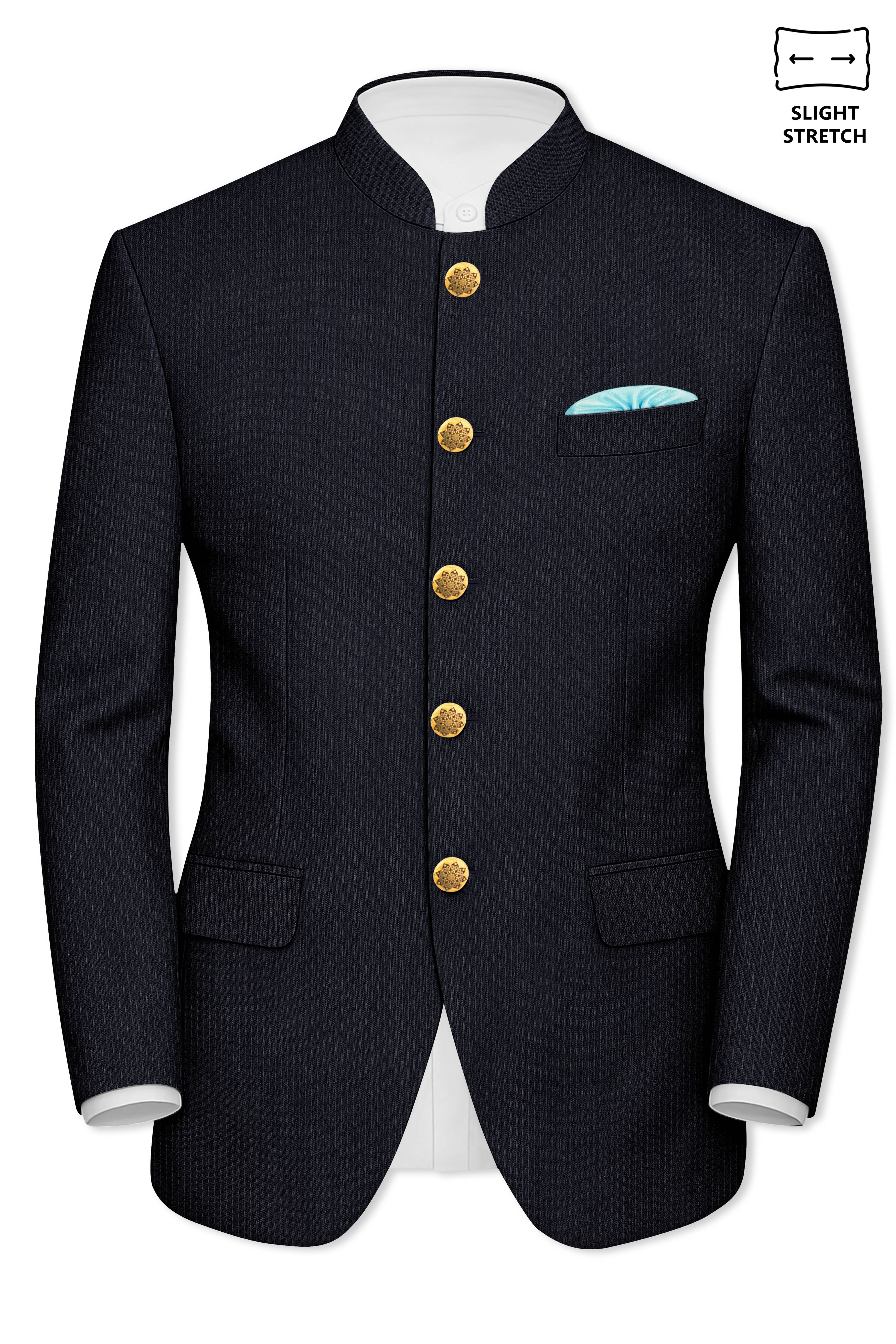 Cosmire-Space Blue Pencil Striped Wool Rich Bandhgala Slight Stretch Suit