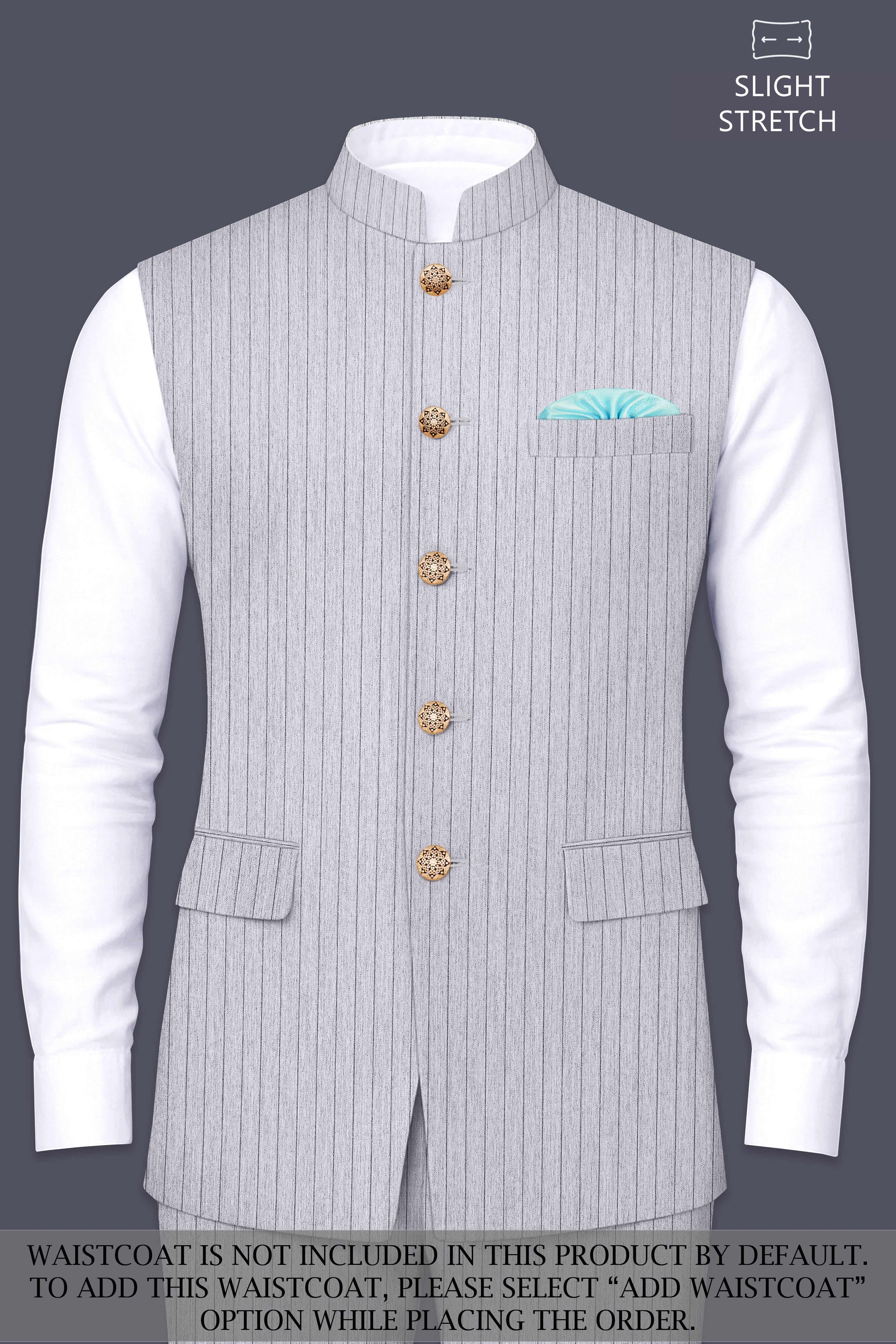 Grisvoro-Sterling Gray Pin Striped Wool Rich Bandhgala Slight Stretch Suit