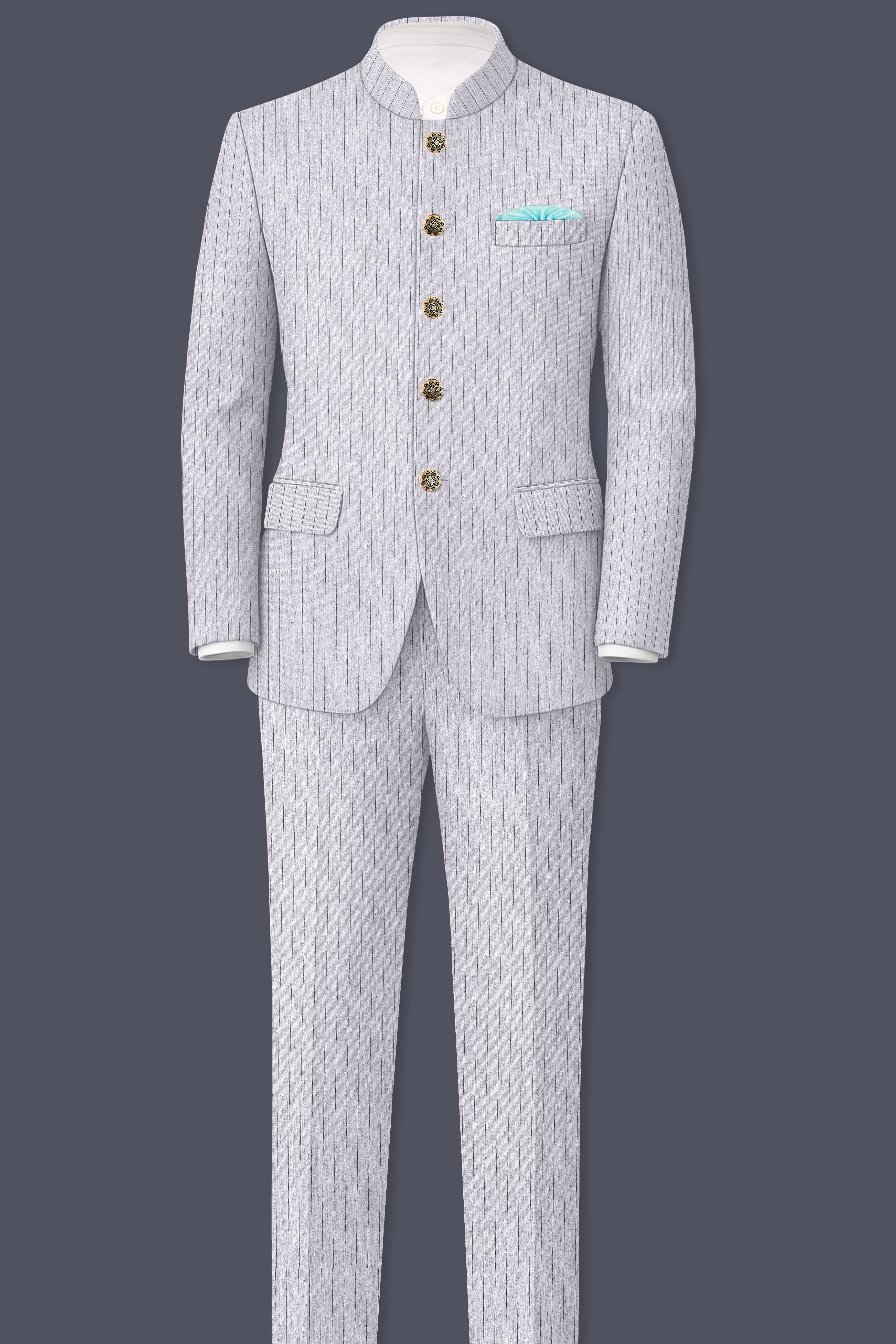 Grisvoro-Sterling Gray Pin Striped Wool Rich Bandhgala Slight Stretch Suit