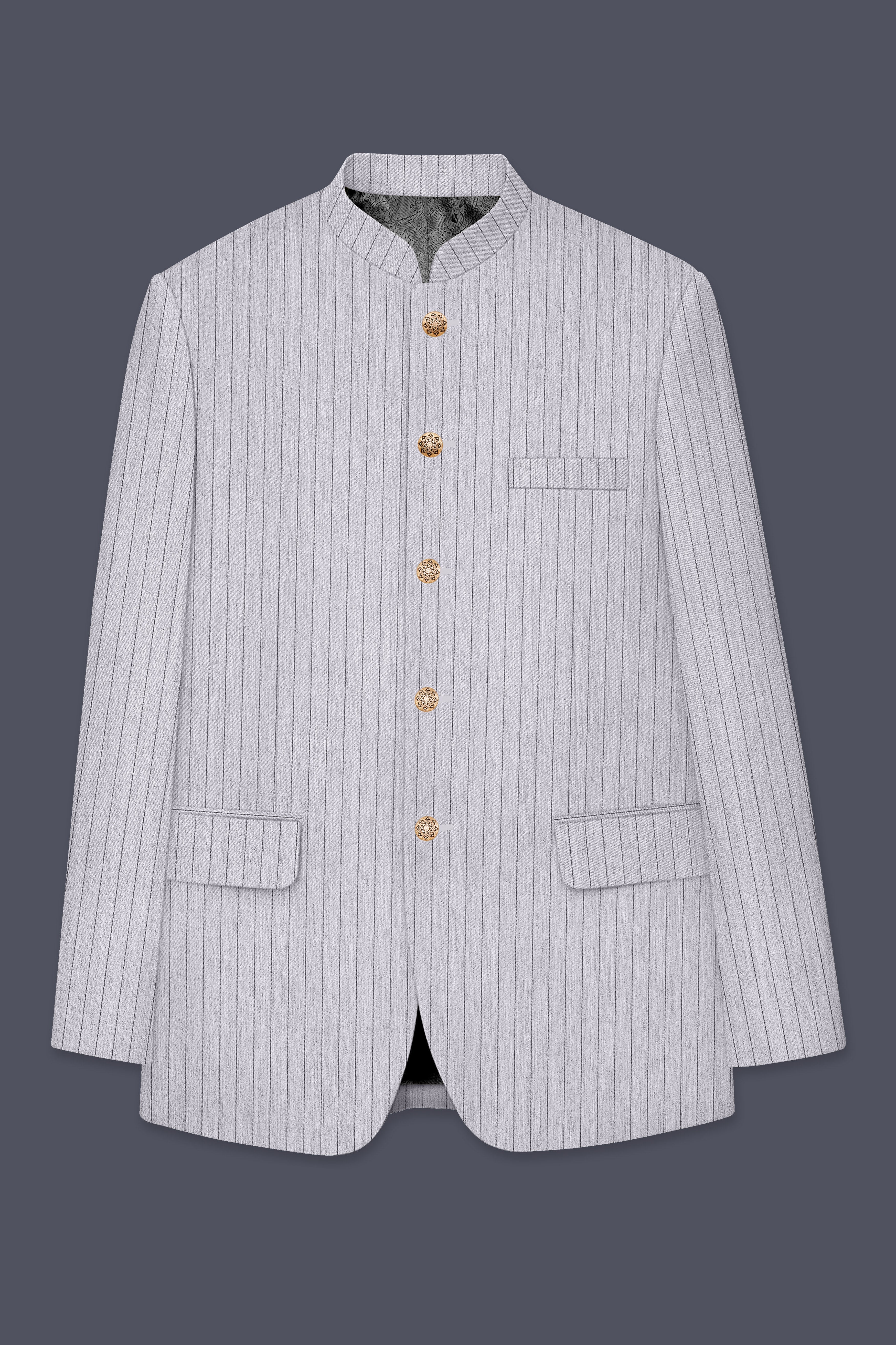 Grisvoro-Sterling Gray Pin Striped Wool Rich Bandhgala Slight Stretch Suit