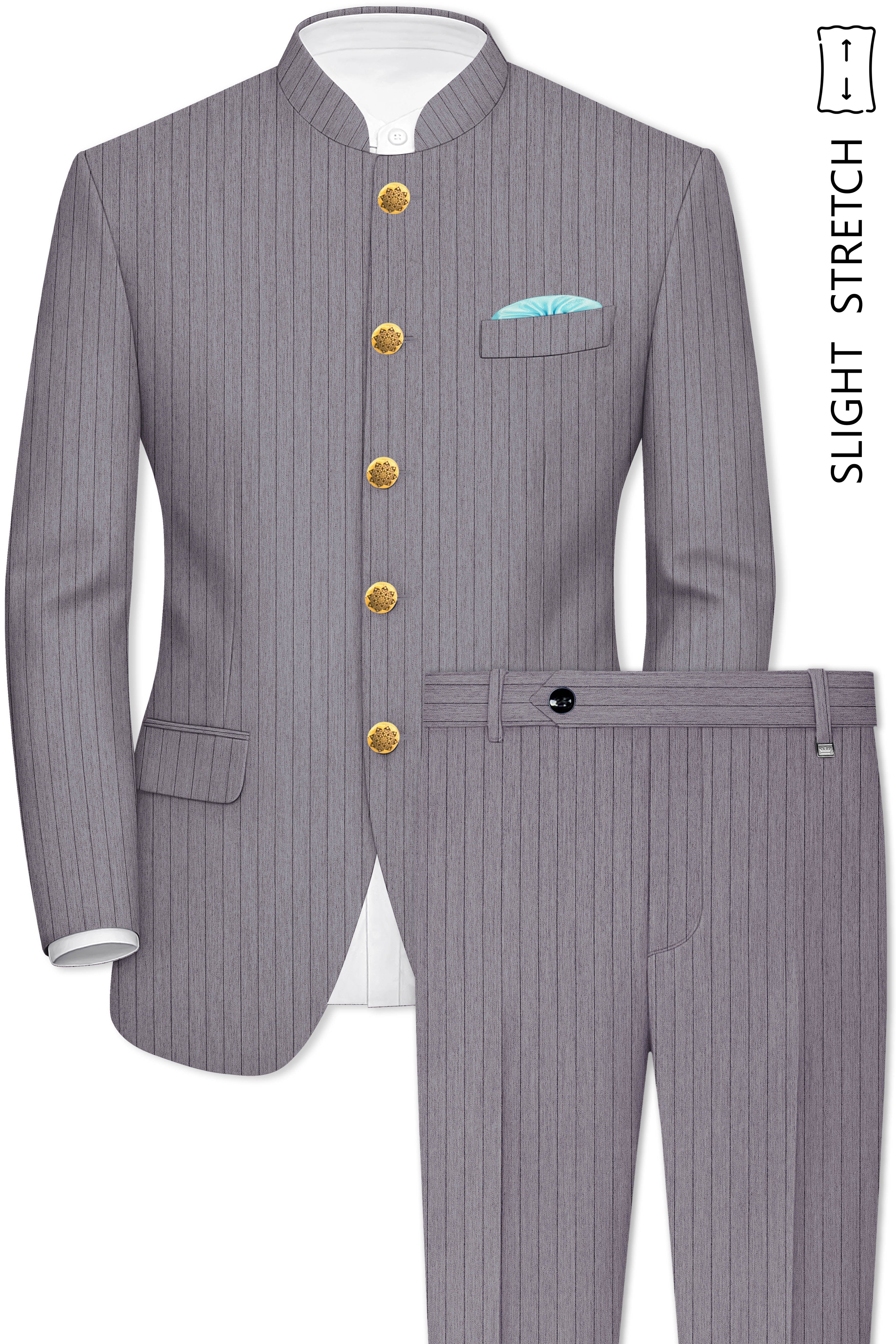 Velmoro-Mauve Gray Pin Striped Wool Rich Slight Stretch Cross Placket Bandhgala Suit