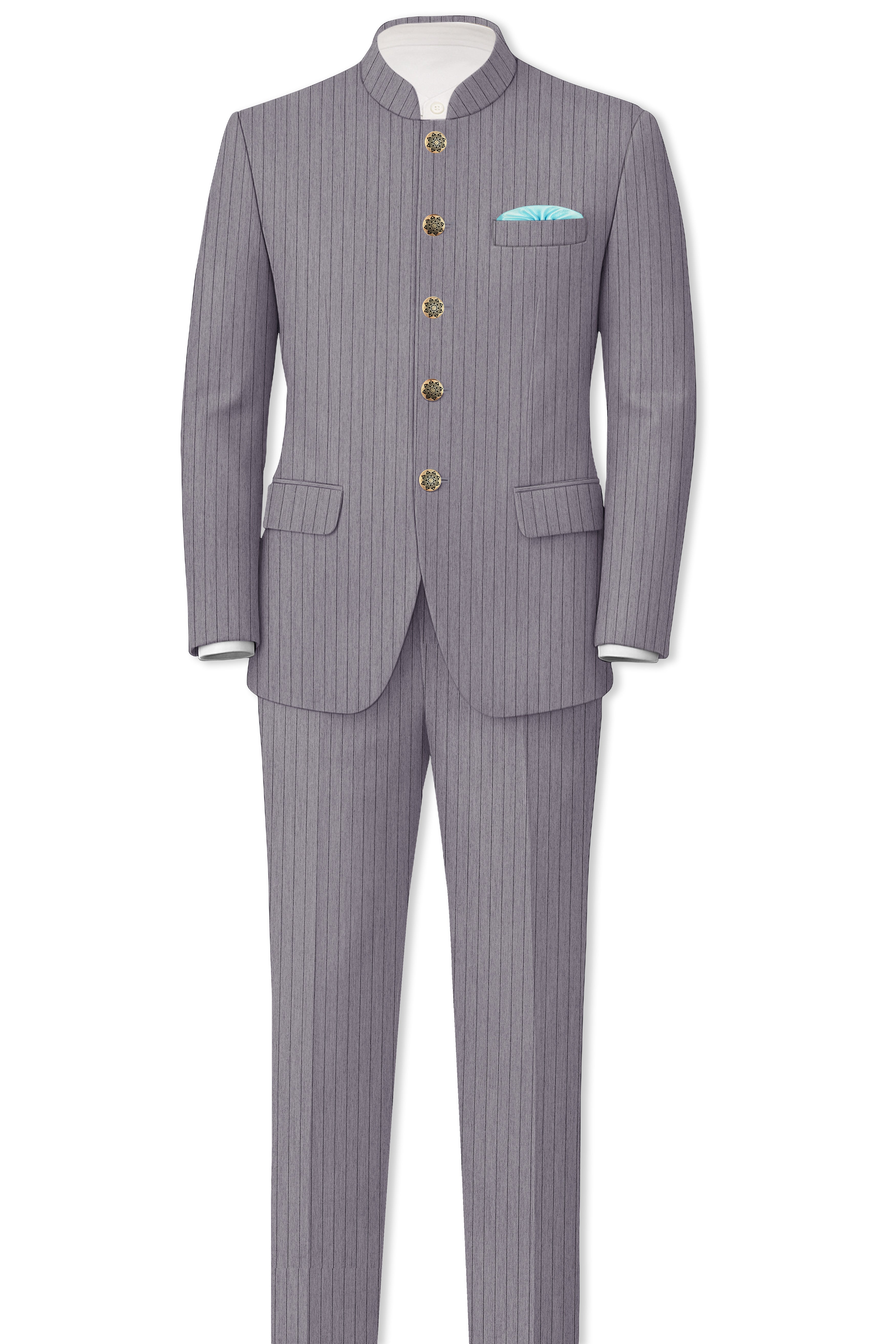 Velmoro-Mauve Gray Pin Striped Wool Rich Slight Stretch Bandhgala Suit