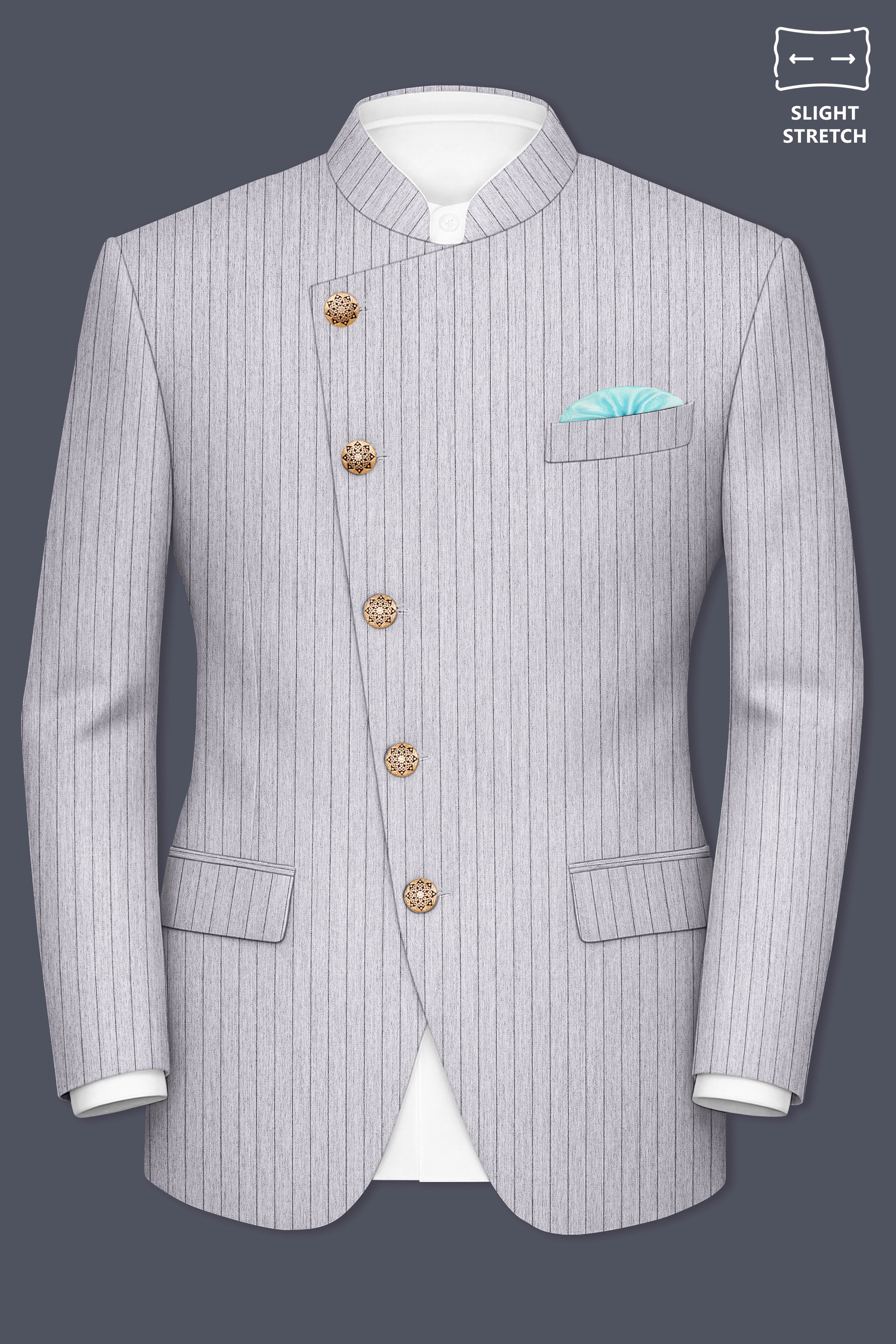 Grisvoro-Sterling Gray Pin Striped Wool Rich Slight Stretch Cross Placket Bandhgala Suit