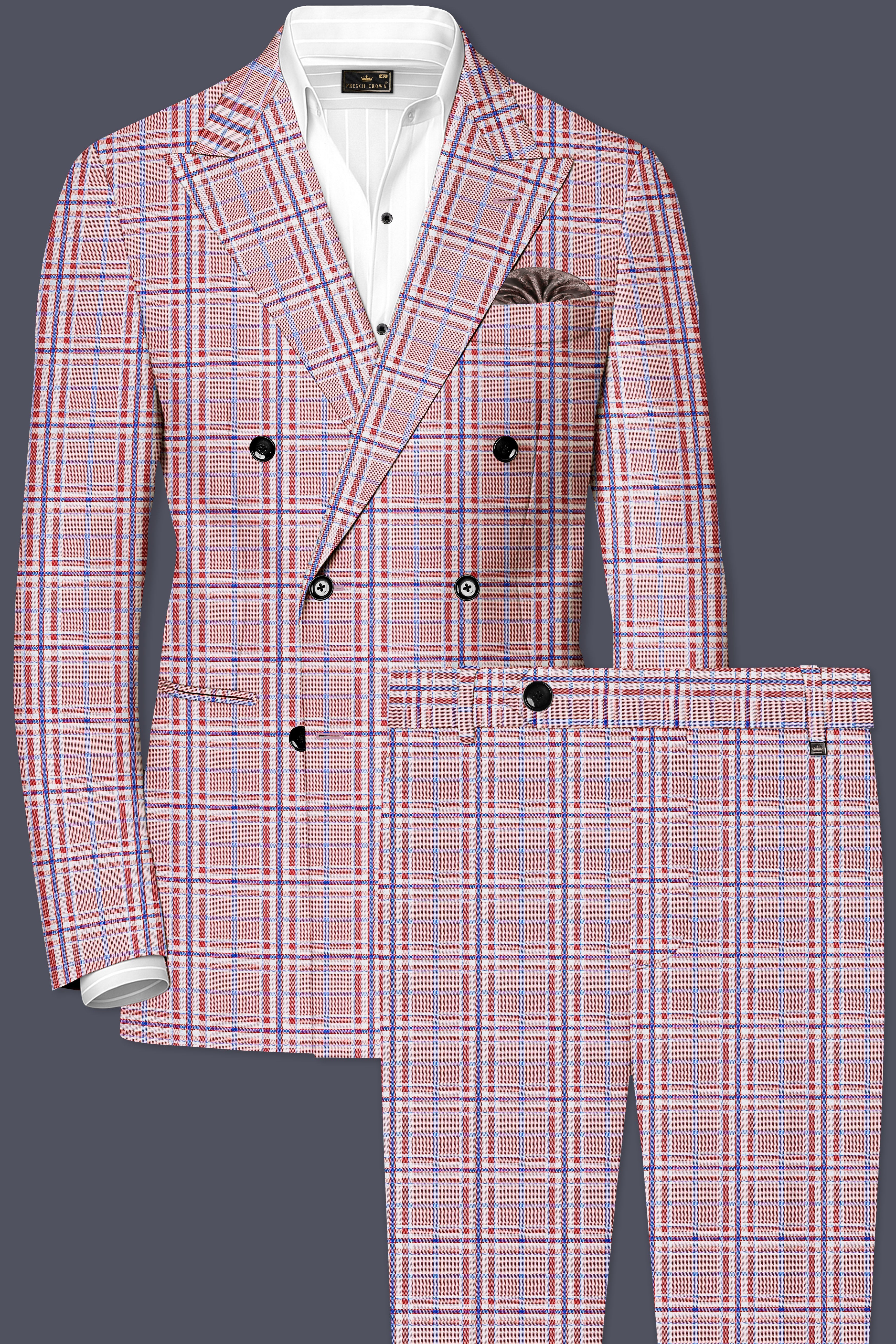 Velour-Turkish Rose Pink And Wild Blue Plaid Wool Rich Double Breasted Suit