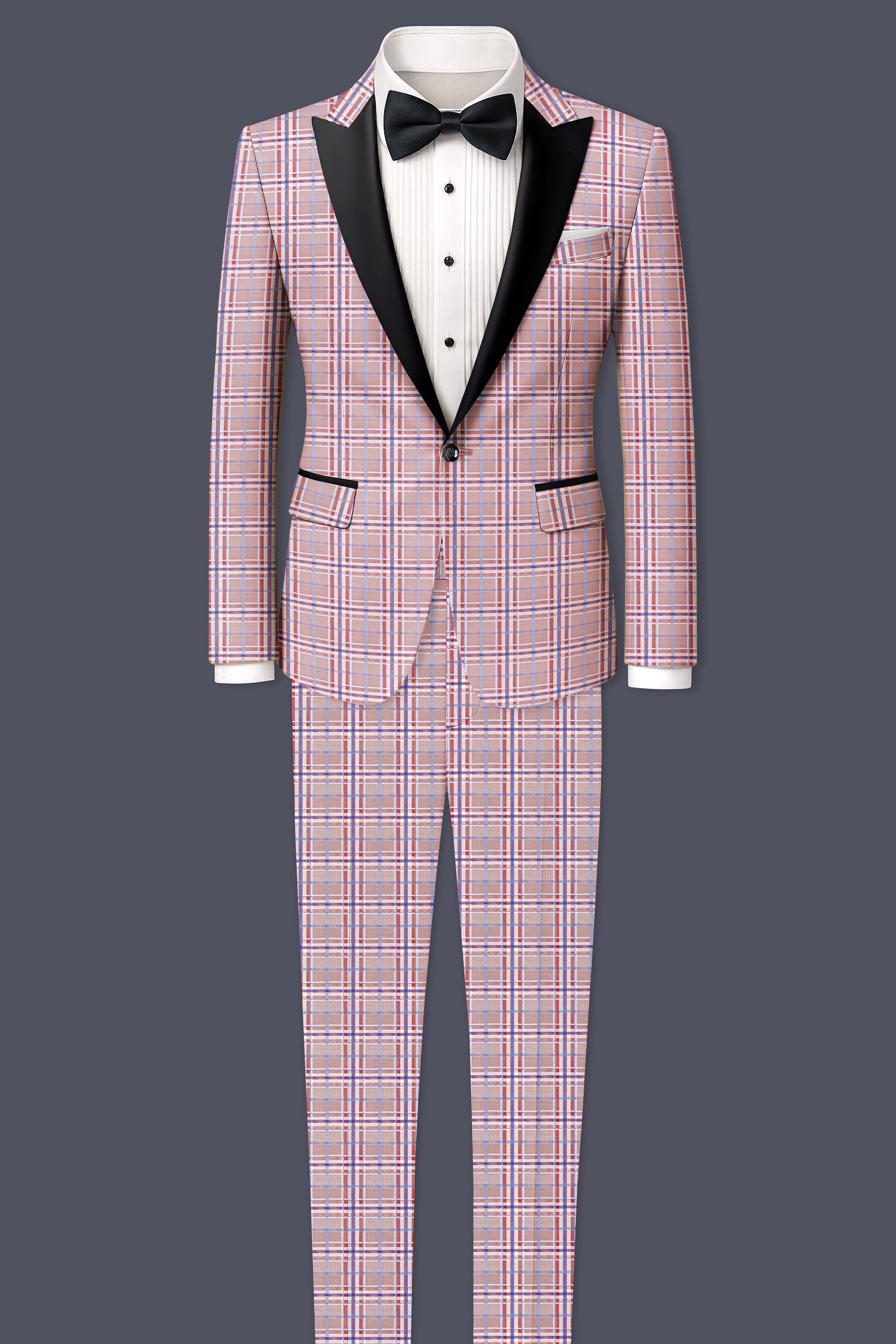 Velour-Turkish Rose Pink And Wild Blue Plaid Wool Rich Peak Lapel Tuxedo Suit