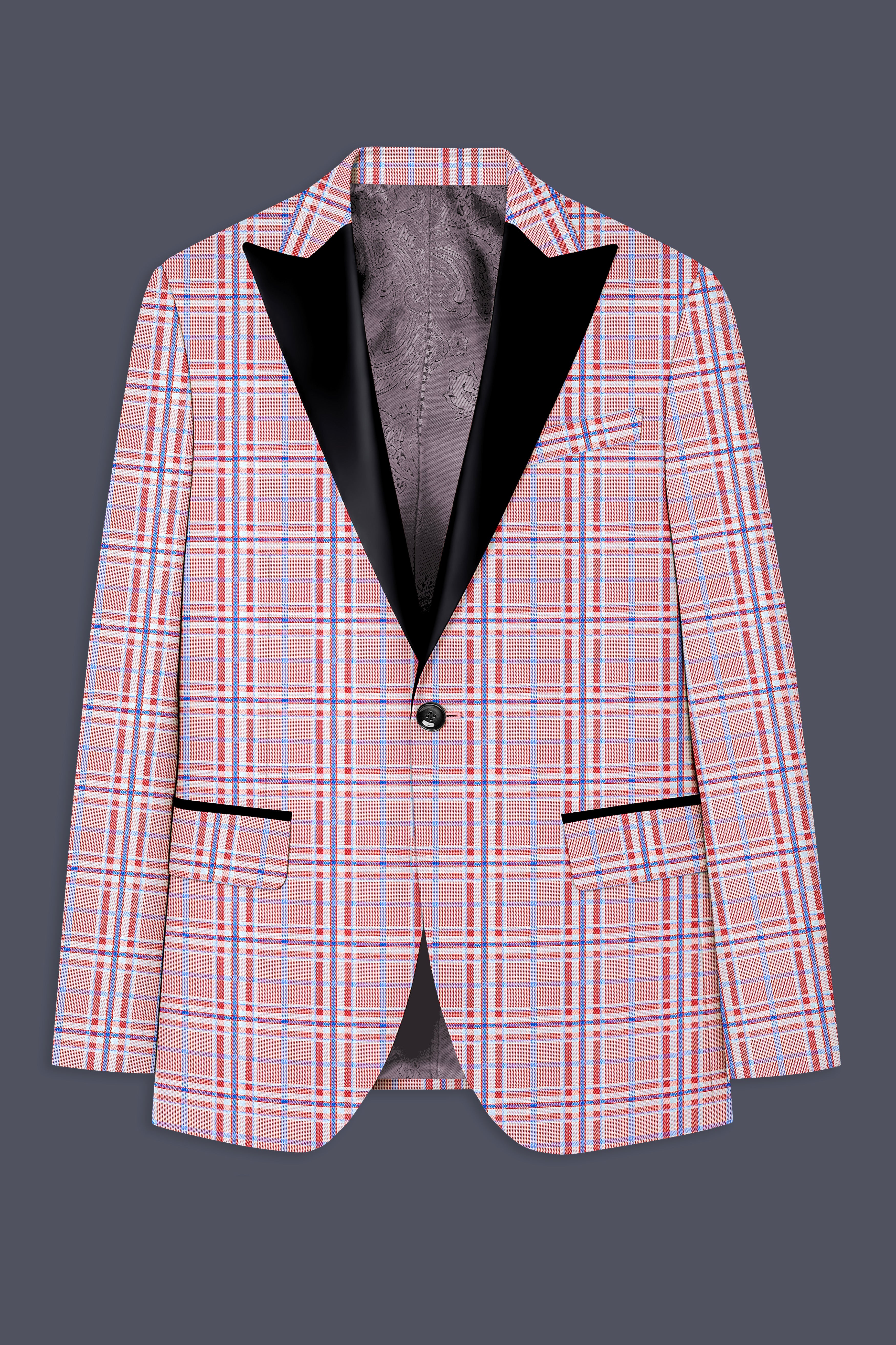 Velour-Turkish Rose Pink And Wild Blue Plaid Wool Rich Peak Lapel Tuxedo Suit